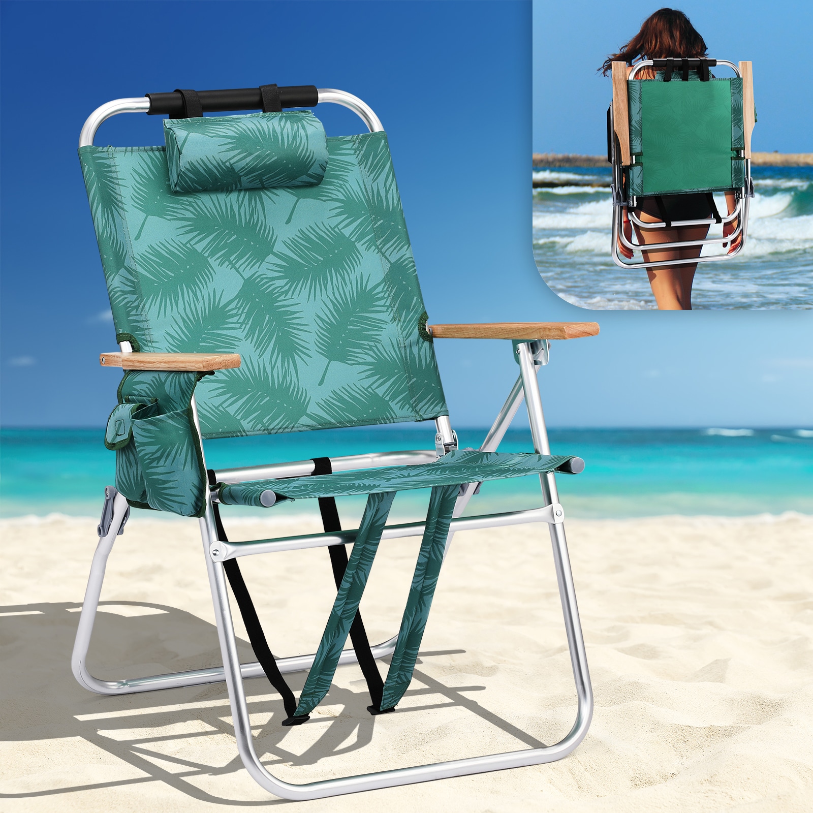 VINGLI 1 Pack 17-in Beach Chair with 3-Position Cooler Bag Cup Holders and Towel Green Leaf