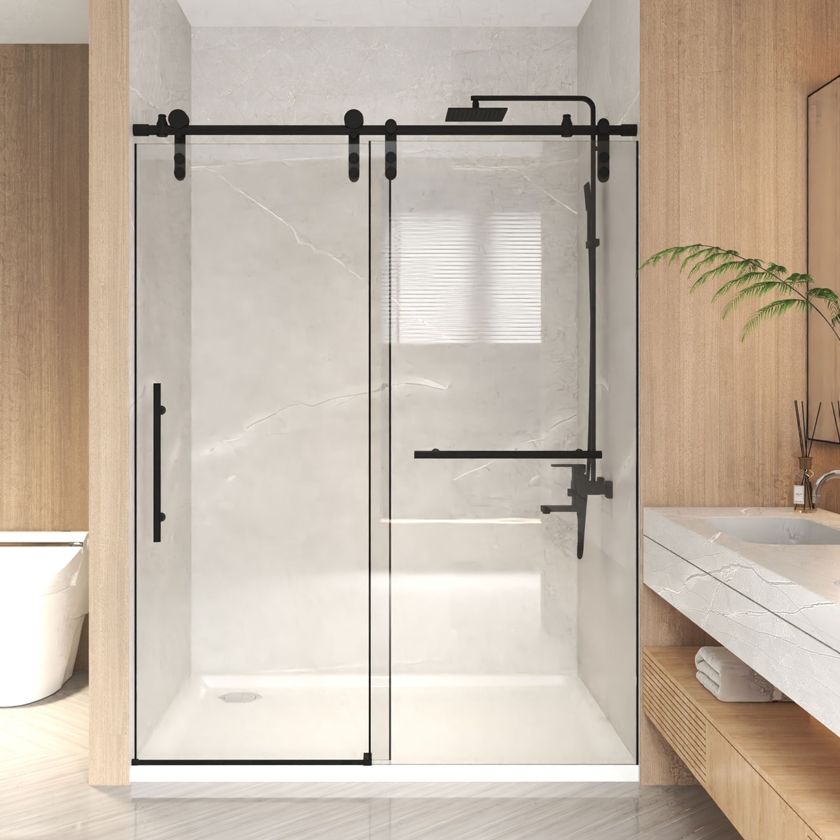 Loheer 44-48-in W x 76-in H Frameless Sliding Matte Black Shower Door with 8mm Clear Glass