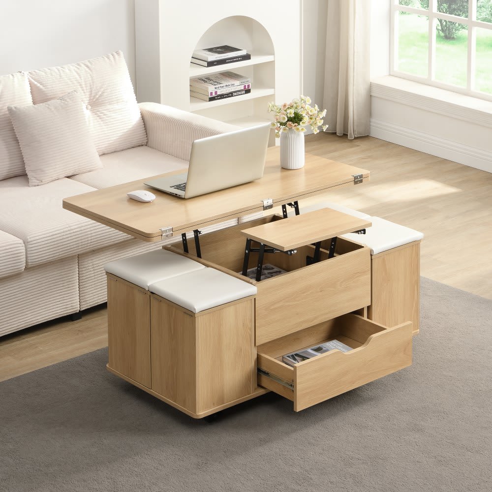 Coolbibila Natural Lift Top Coffee Table with Hidden Storage and 4 Stools Multifunctional MDF Center Table