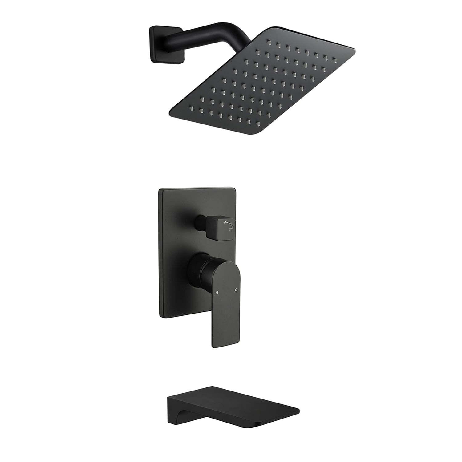 Vanityfus - 8-in Stainless Steel Square Shower Head with Waterfall Tub Spout Shower Faucet-Matte ...