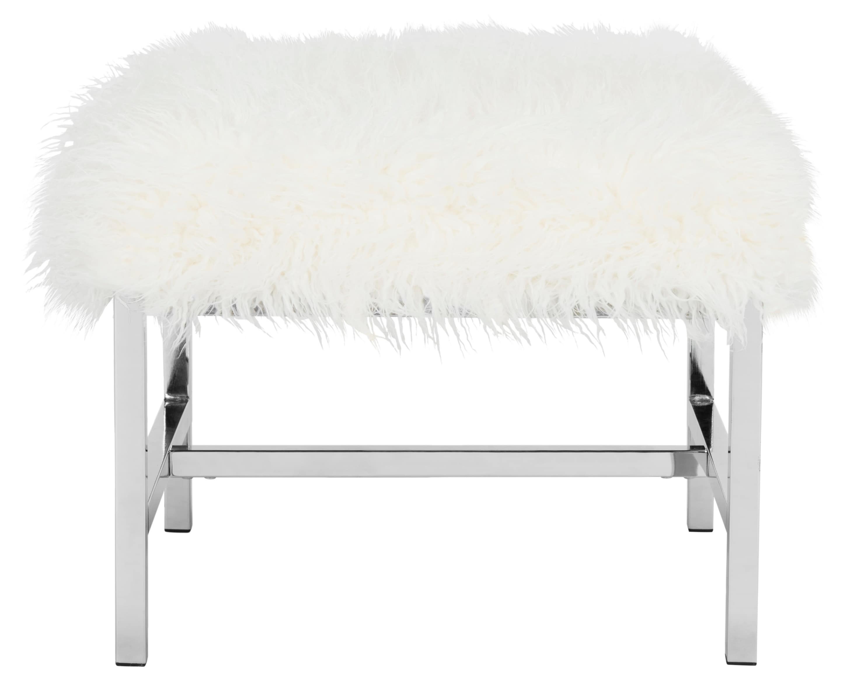 White Faux Sheepskin and Chrome Square Ottoman