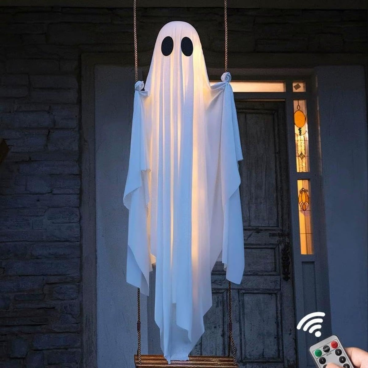 LIUSXAQI  4FT Hanging Swinging Ghost Halloween Decorations with Remote Control String Lights Wooden Swing Spooky Cute Outdoor Decor for Front Porch Yard Tree Garden