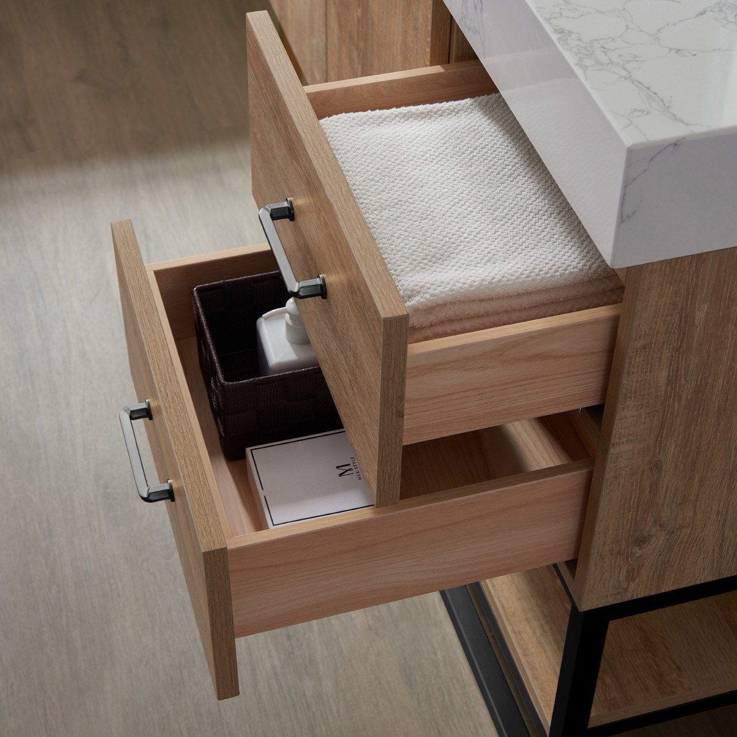 42 Inch Oak Single Vanity with White Stone Top and Matte Black Frame