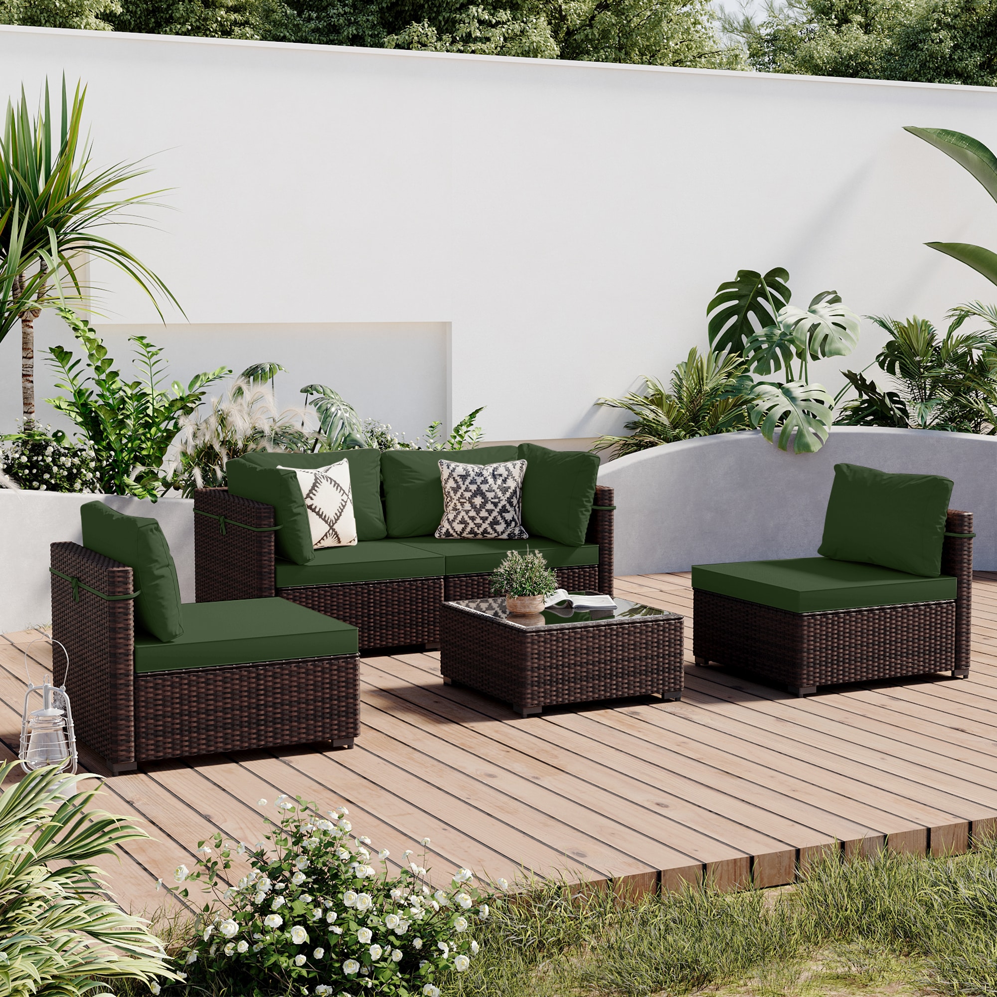 Wicker Sofa Set 5 -Piece Wicker Patio Conversation Set with Gray Cushions Included