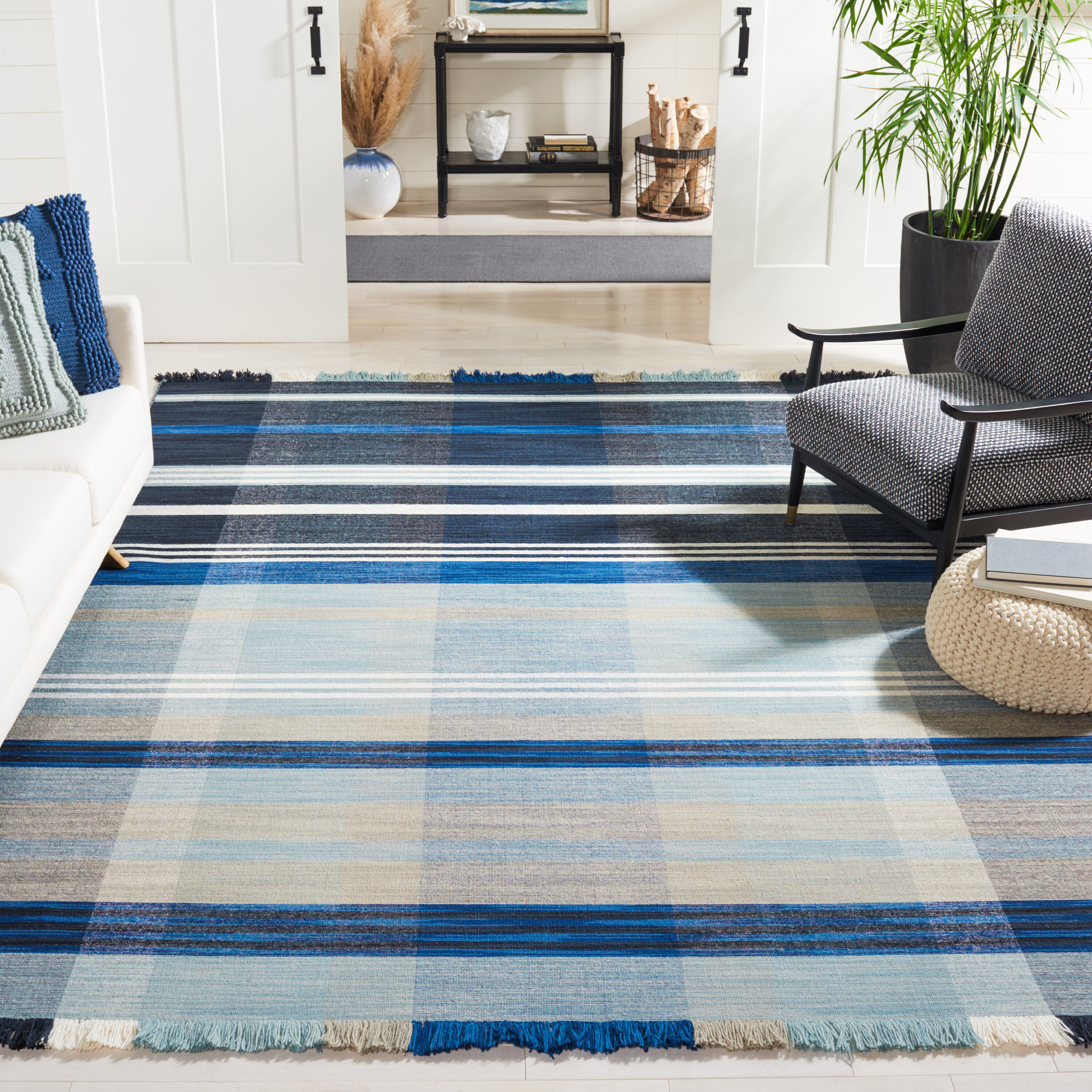 Striped Kilim 703 Navy/Charcoal Contemporary 9ft x 12ft Rectangle Rug
