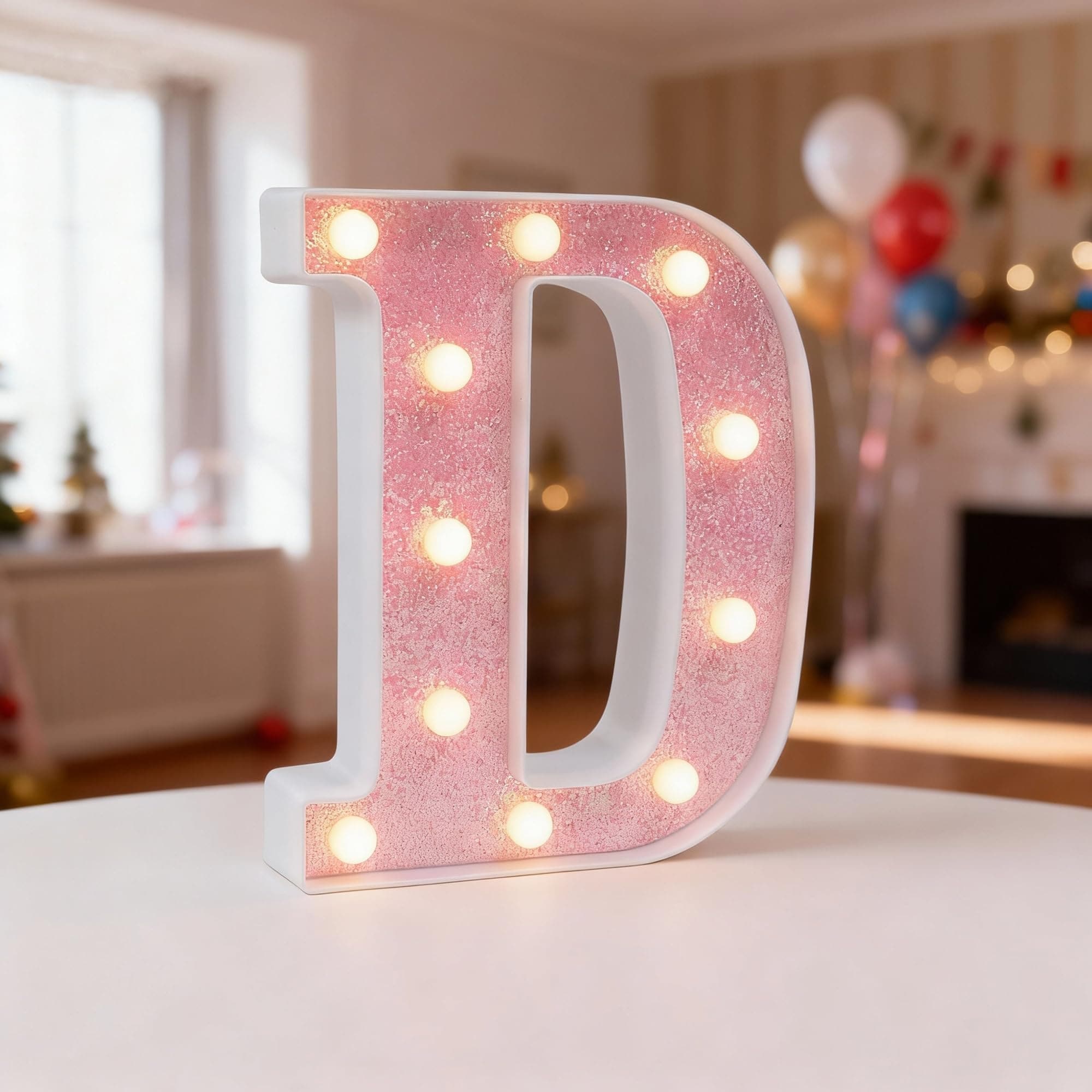 Oyezvary  Pink LED Letter D Light Up Glitter Alphabet Sign Warm Light Decorative Piece for Girls Bedroom Party Wedding Bar Home Christmas Table