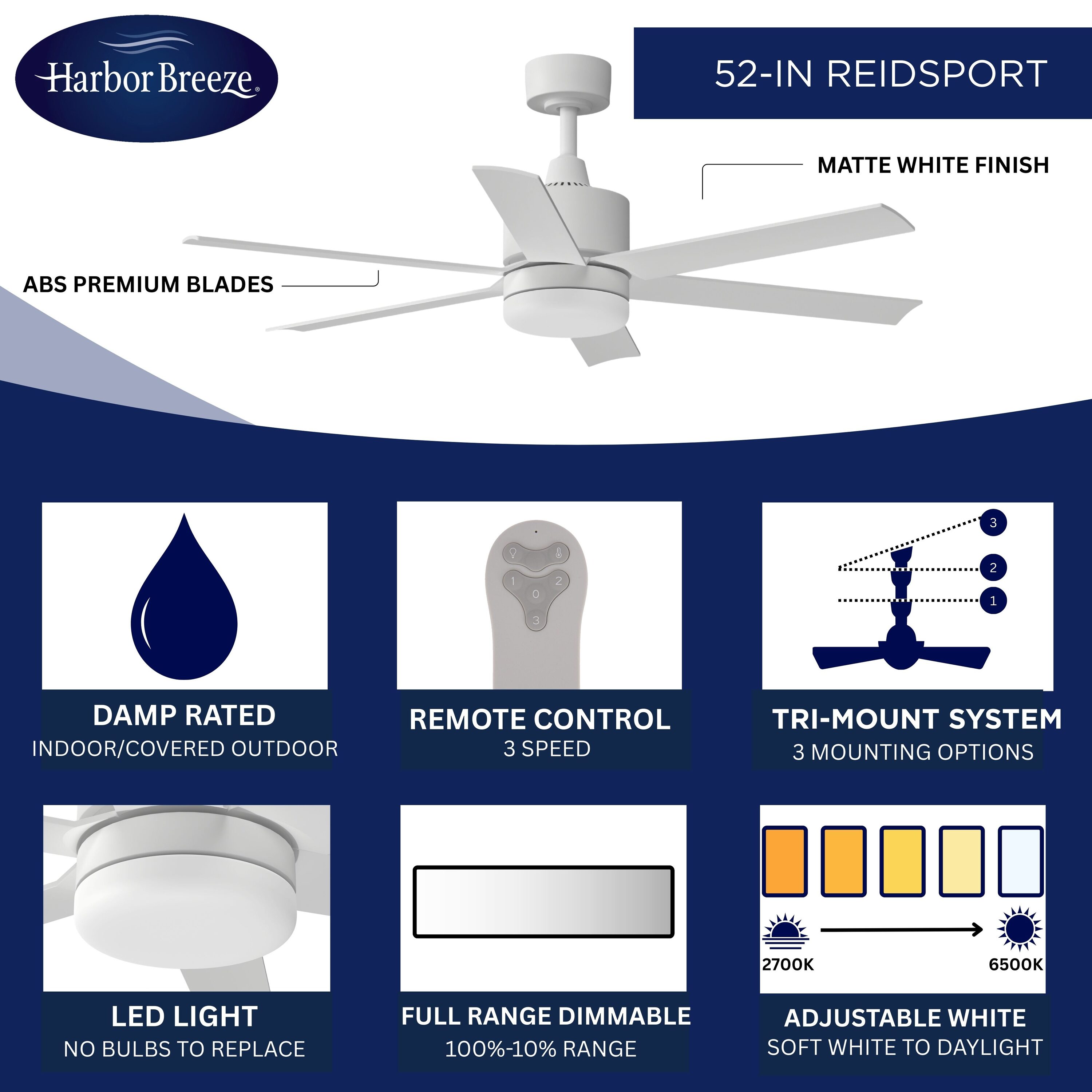 Harbor Breeze 52-in Color-Changing Outdoor Downrod or Flush Mount Matte White with Matte Blades Ceiling Fan With Light - Remote Included ( 6 -Blade )