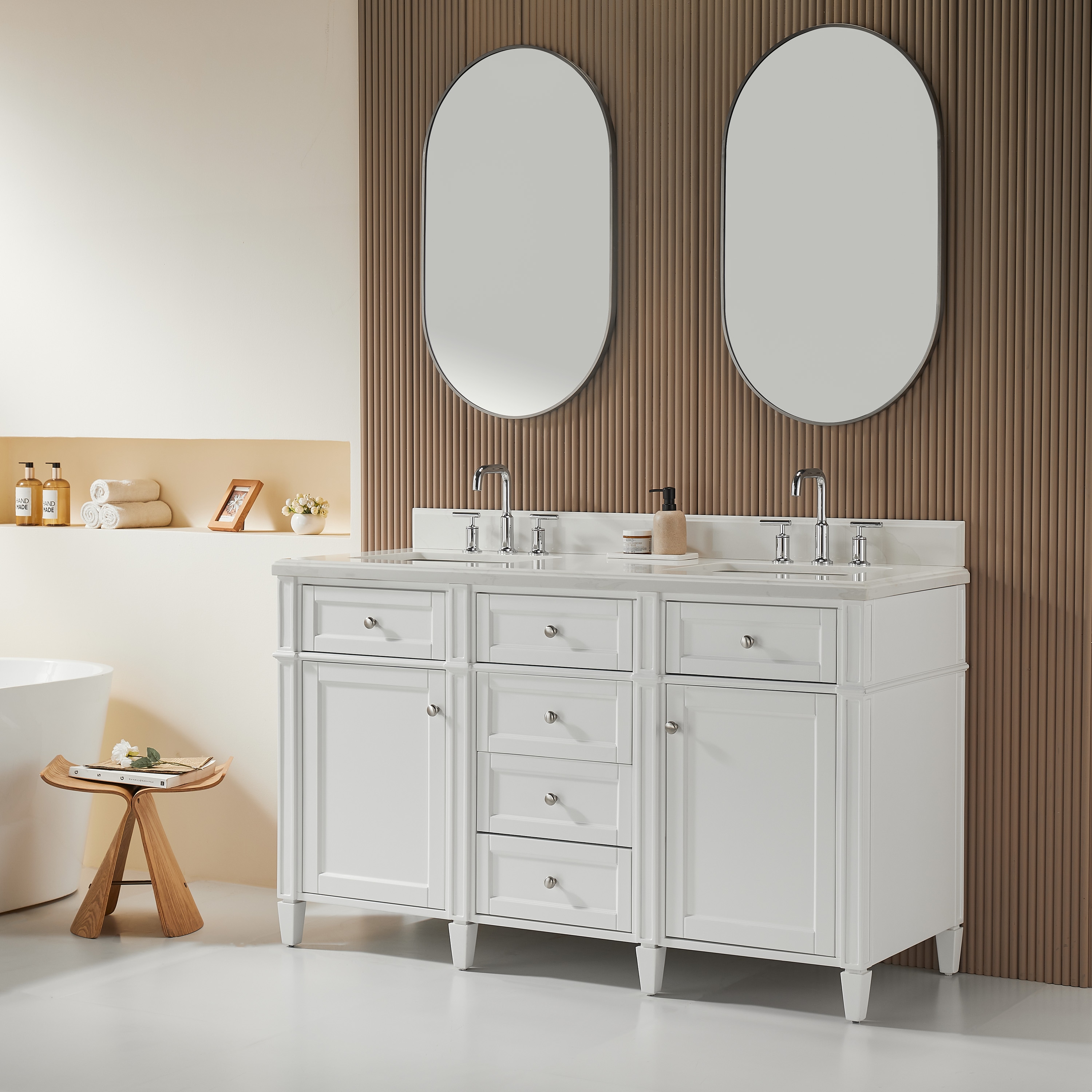 WELLFOR AMMR-04 Bathroom Vanities with Tops 60-in White Undermount Double Sink Bathroom Vanity with White Engineered Marble Top