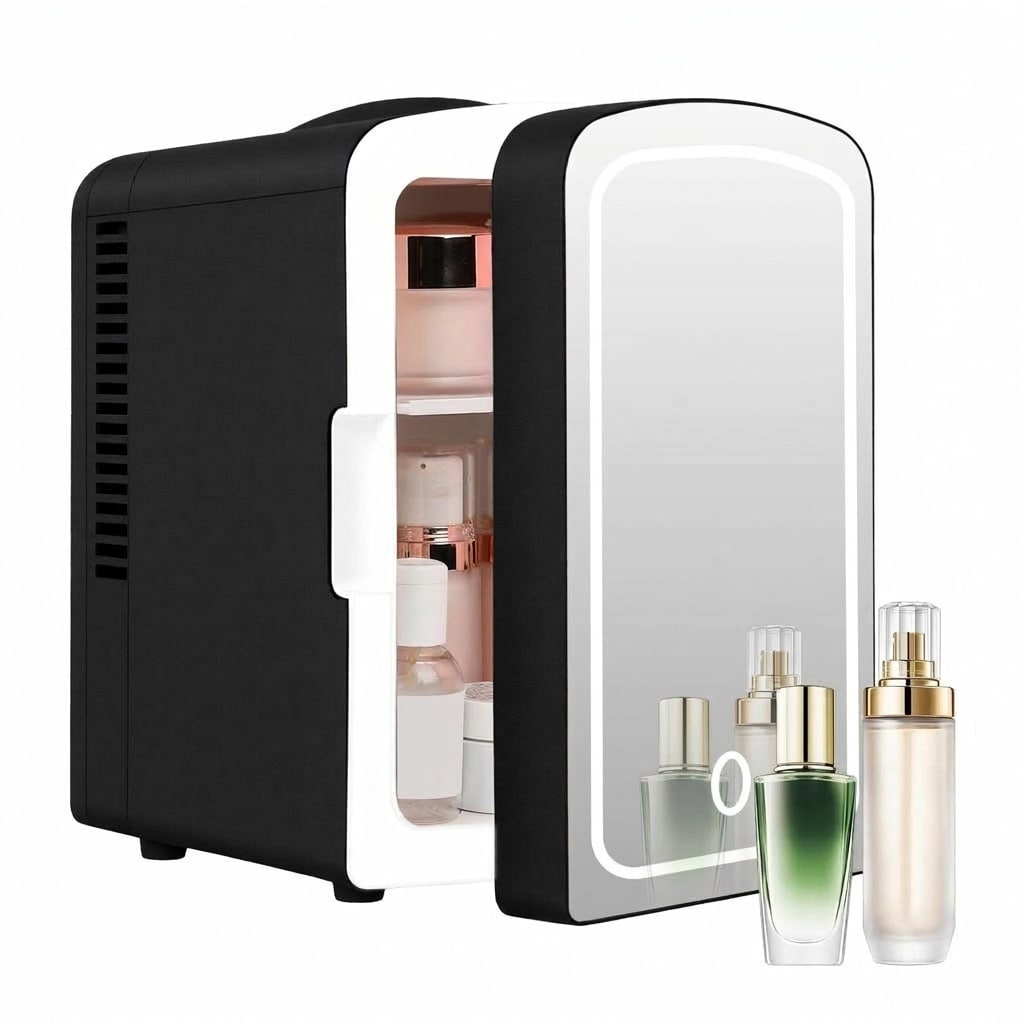 Anqtovp Mini Fridge 4 Liter 6 Can Skincare Refrigerator with Dimmable LED Mirror for Bedroom Car Office Dorm Chills Beauty Products Drinks Black #LAN0427R04