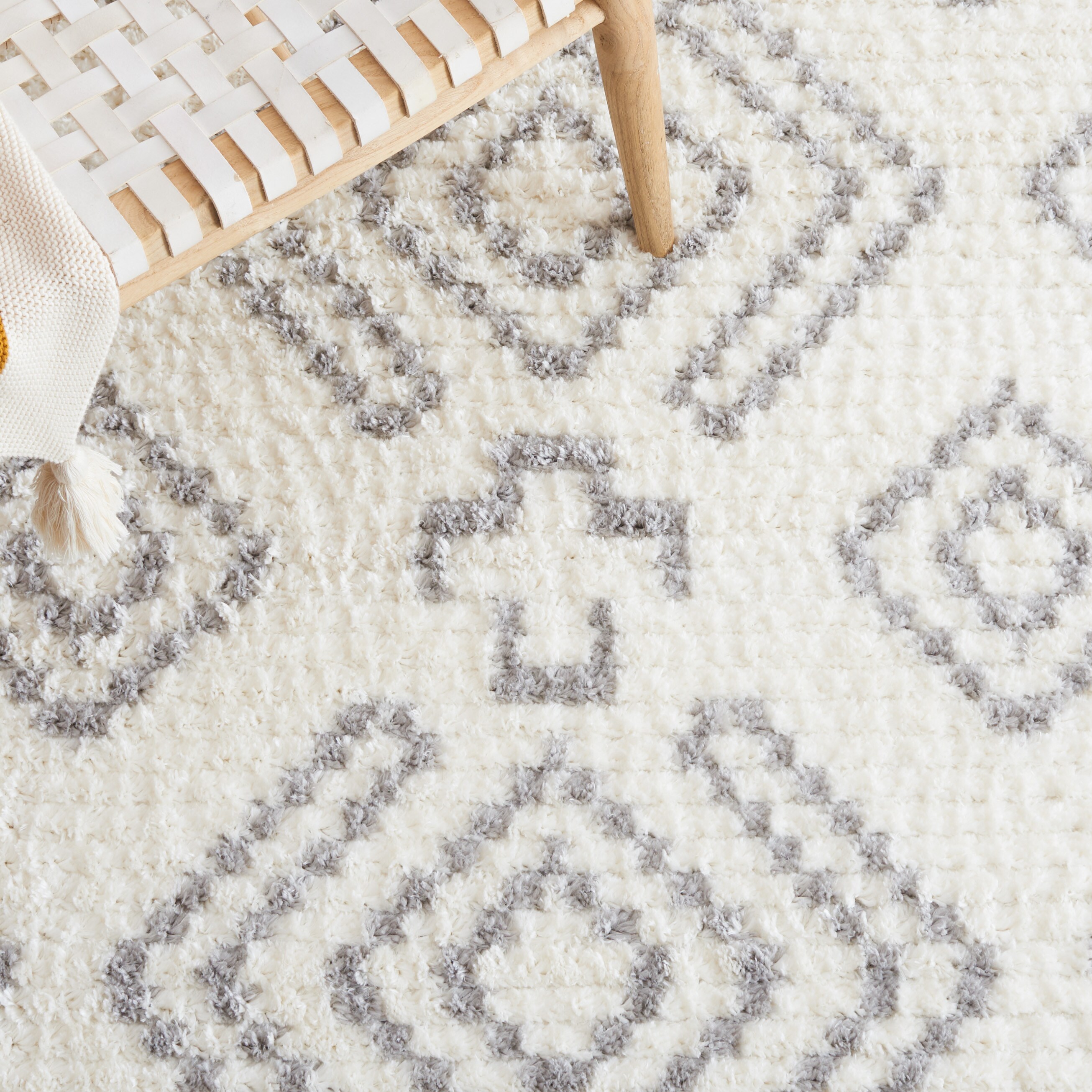 Ivory and Grey Hand-Knotted Round Synthetic Area Rug