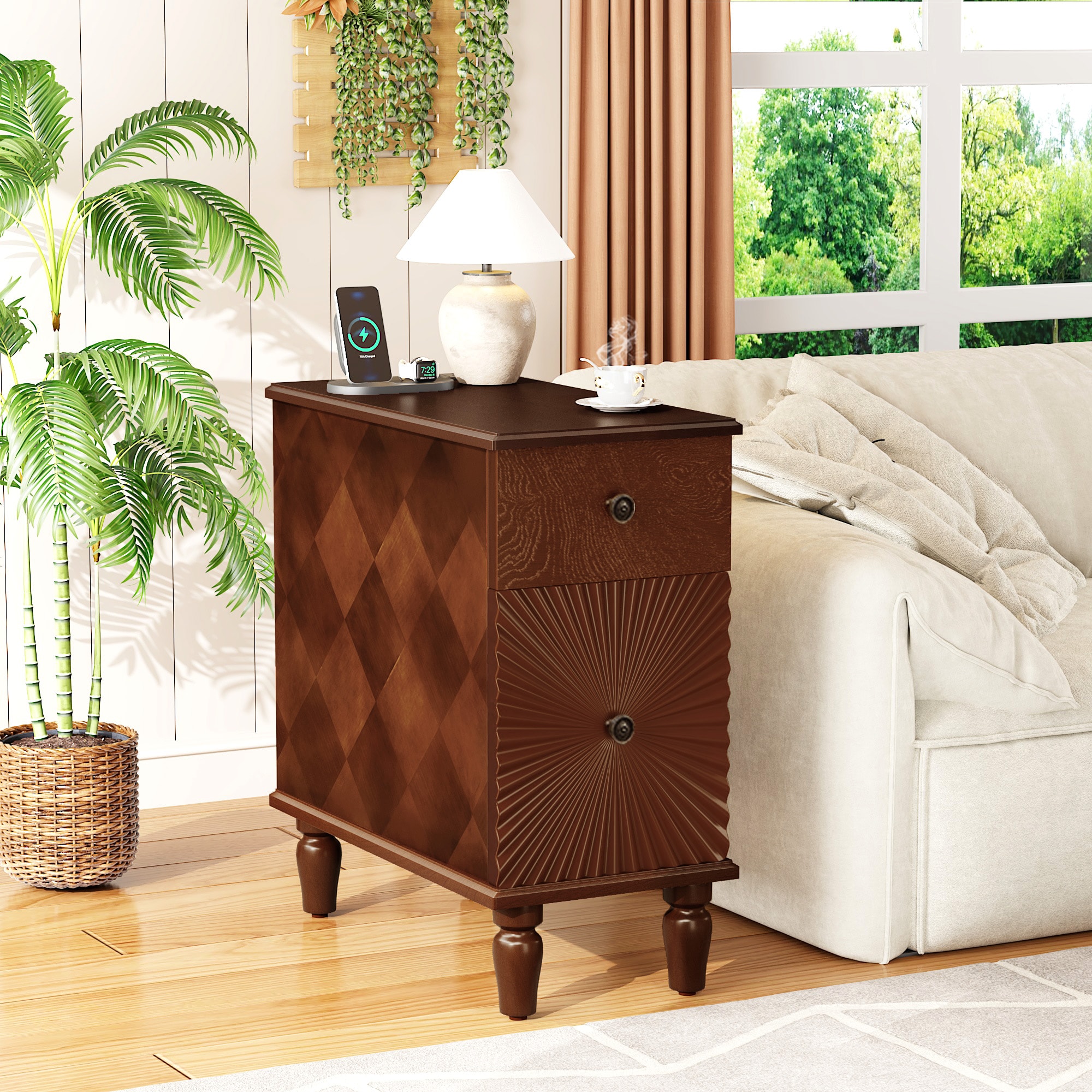 LOVMOR Modern Walnut MDF Nightstand for Living Room Bedroom 2 Drawer