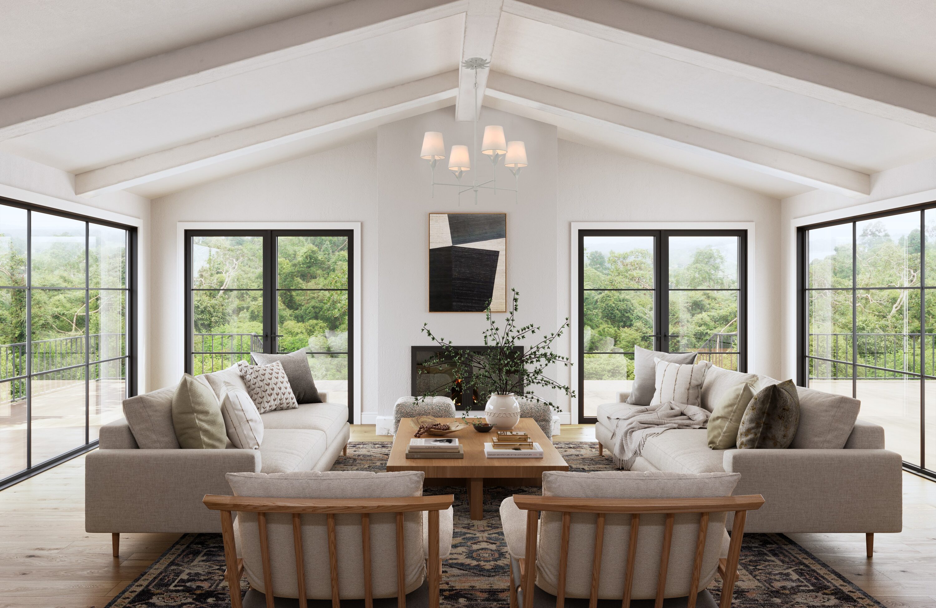 Matte White 4-Light Chandelier with Silk Shades