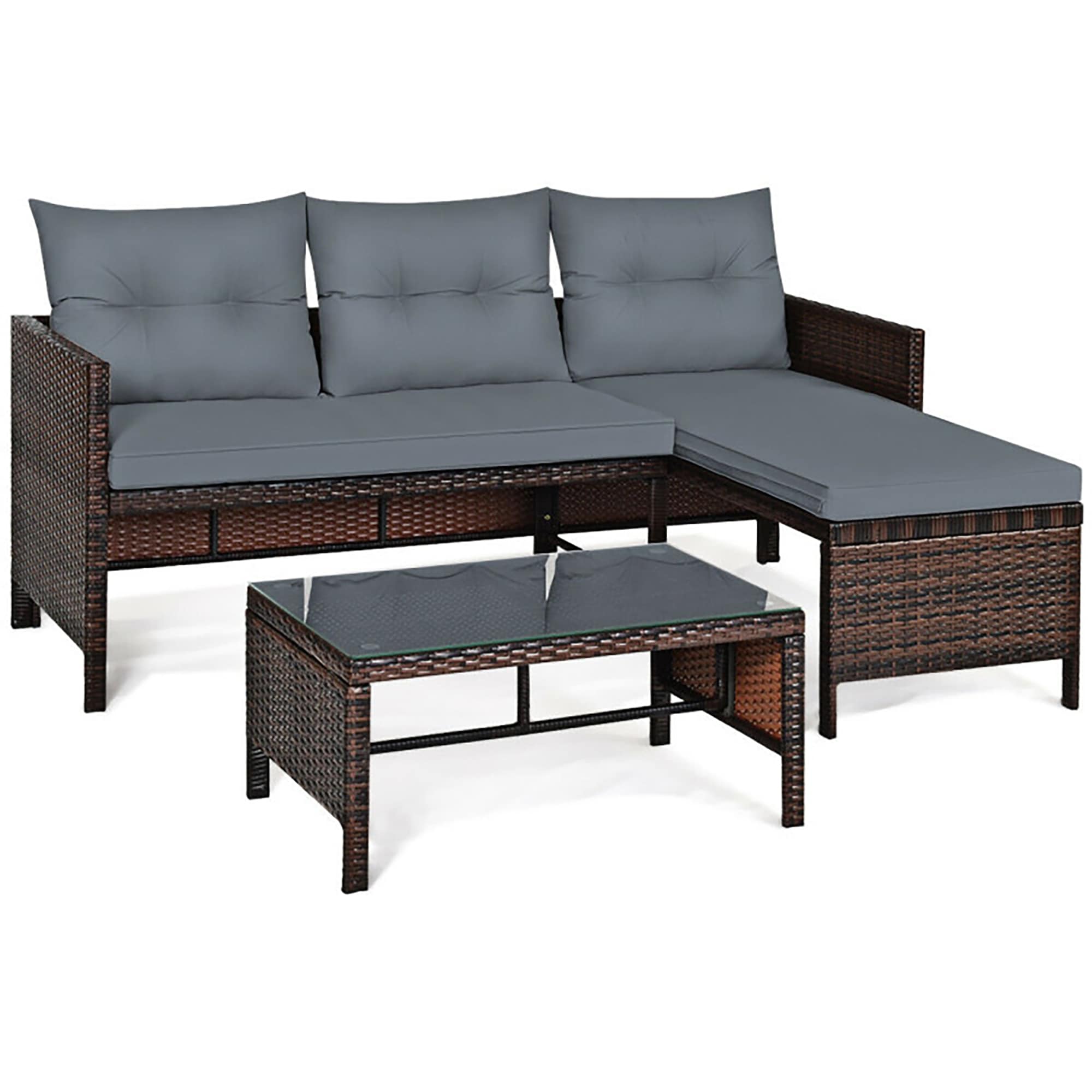 CASAINC WF-HW63870GR-LA 3 Pieces Outdoor Patio Corner Rattan Sofa Set 3 -Piece Wicker Patio Conversation Set with Gray Cushions
