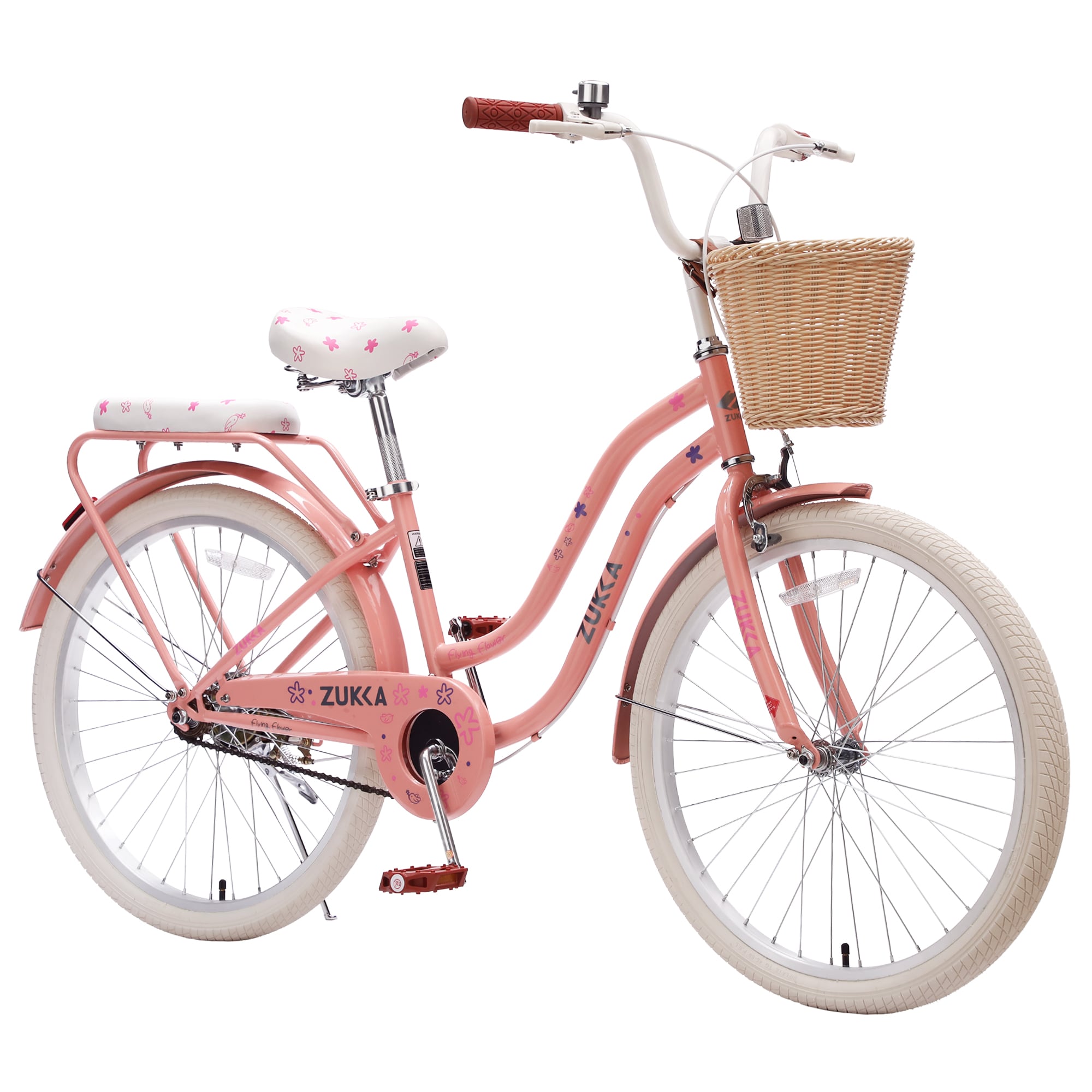 KTMBDW 24 Inch Cruiser Bike for Girls - Single Speed Commuter Bicycle with Wicker Basket and Rear Rack - High Carbon Steel City Bike (Peach)