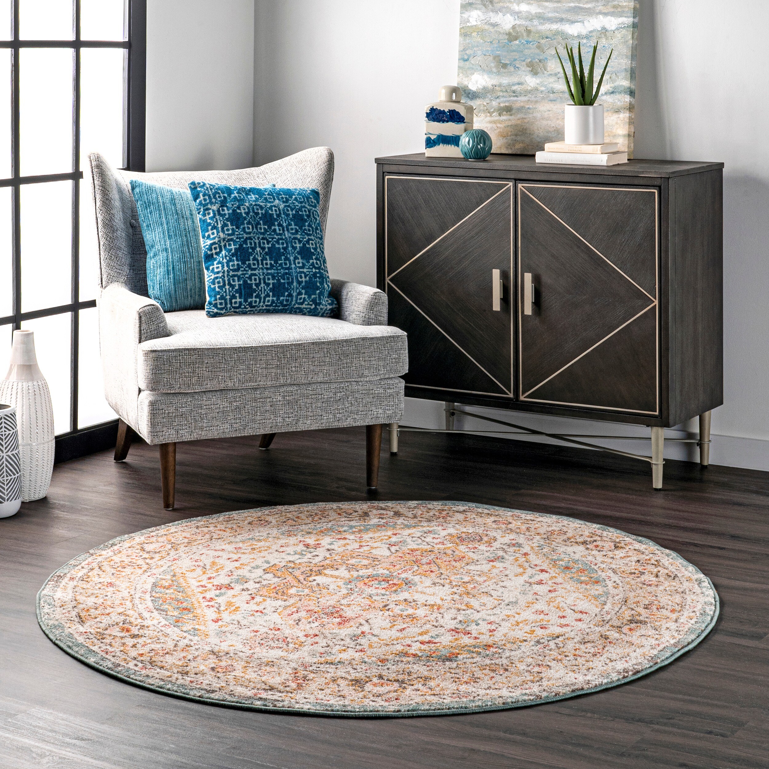 Beige Round Tufted Medallion Synthetic Area Rug, 5'