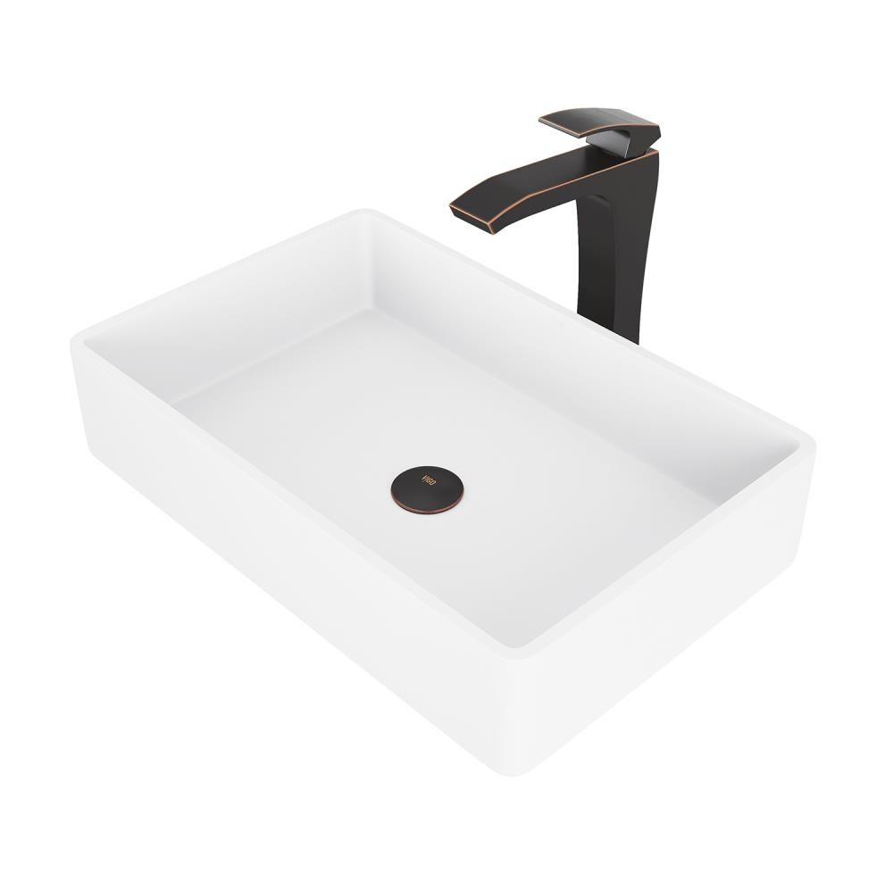 VIGO VGT1231 Vessel sink Matte White Matte Stone Vessel Rectangular Modern Bathroom Sink with Faucet Drain Included (21.25-in x 13.875-in)
