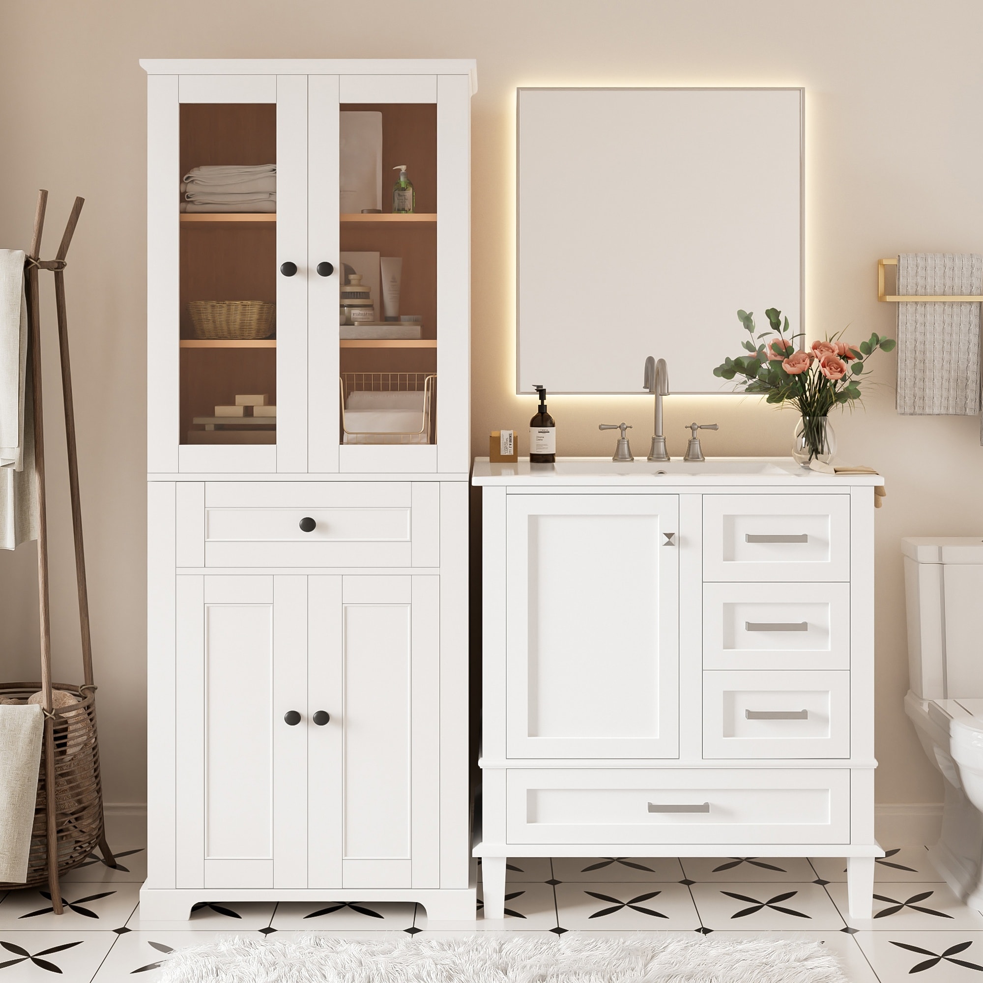 HyperDrop Cart 67.57 Inch Tall Bathroom Storage Cabinet and 30 Inch Bathroom Vanity with Sink Combo Freestanding Modern Cabinet Set with Glass Doors Drawer Storage Adjustable Shelves and Soft Close Design #B-5O3R2Y1K3Y0U