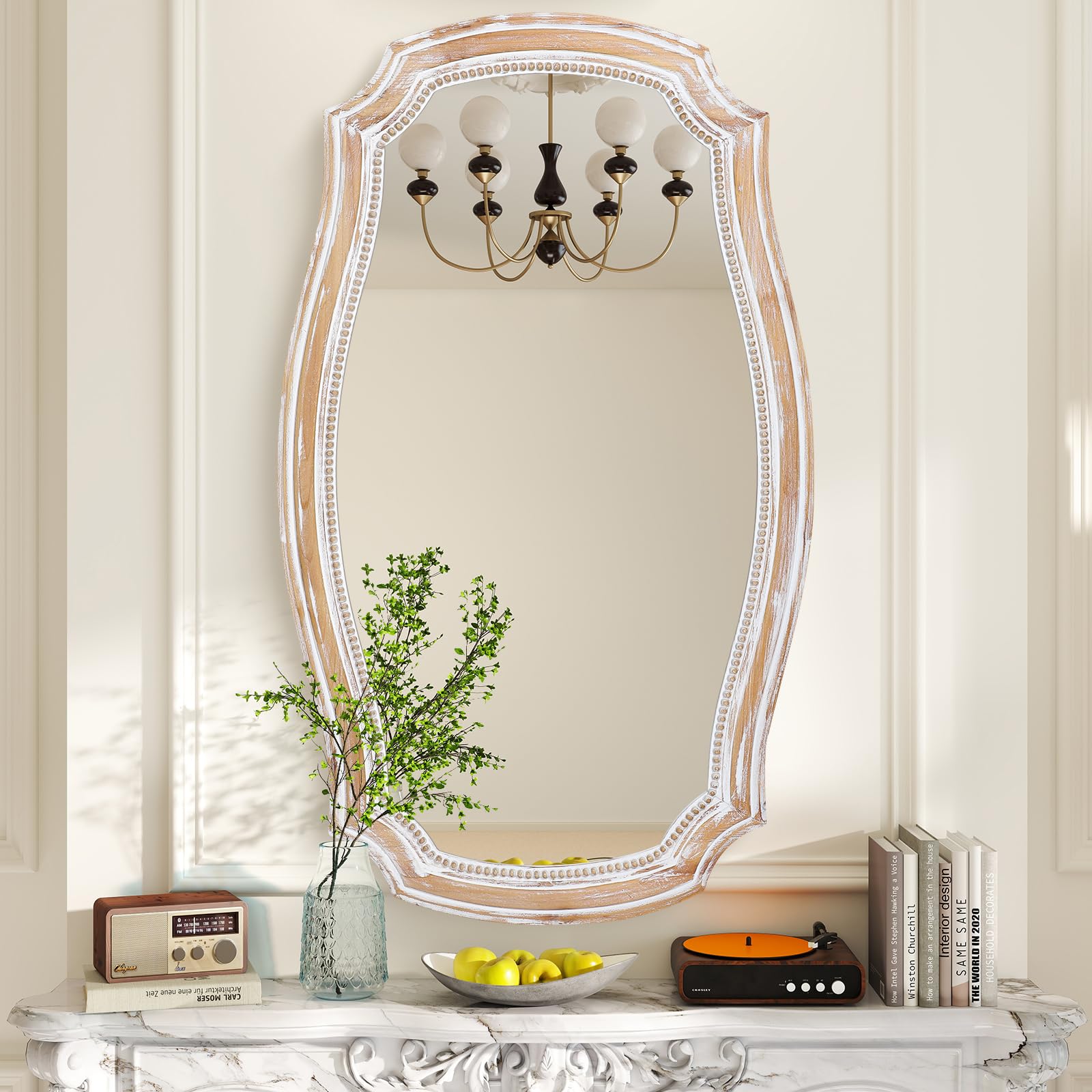 PIGFDK - 36x24 Rustic Scalloped Wall Mirror Baroque Curved Beaded Distressed Wooden Decorative Li...