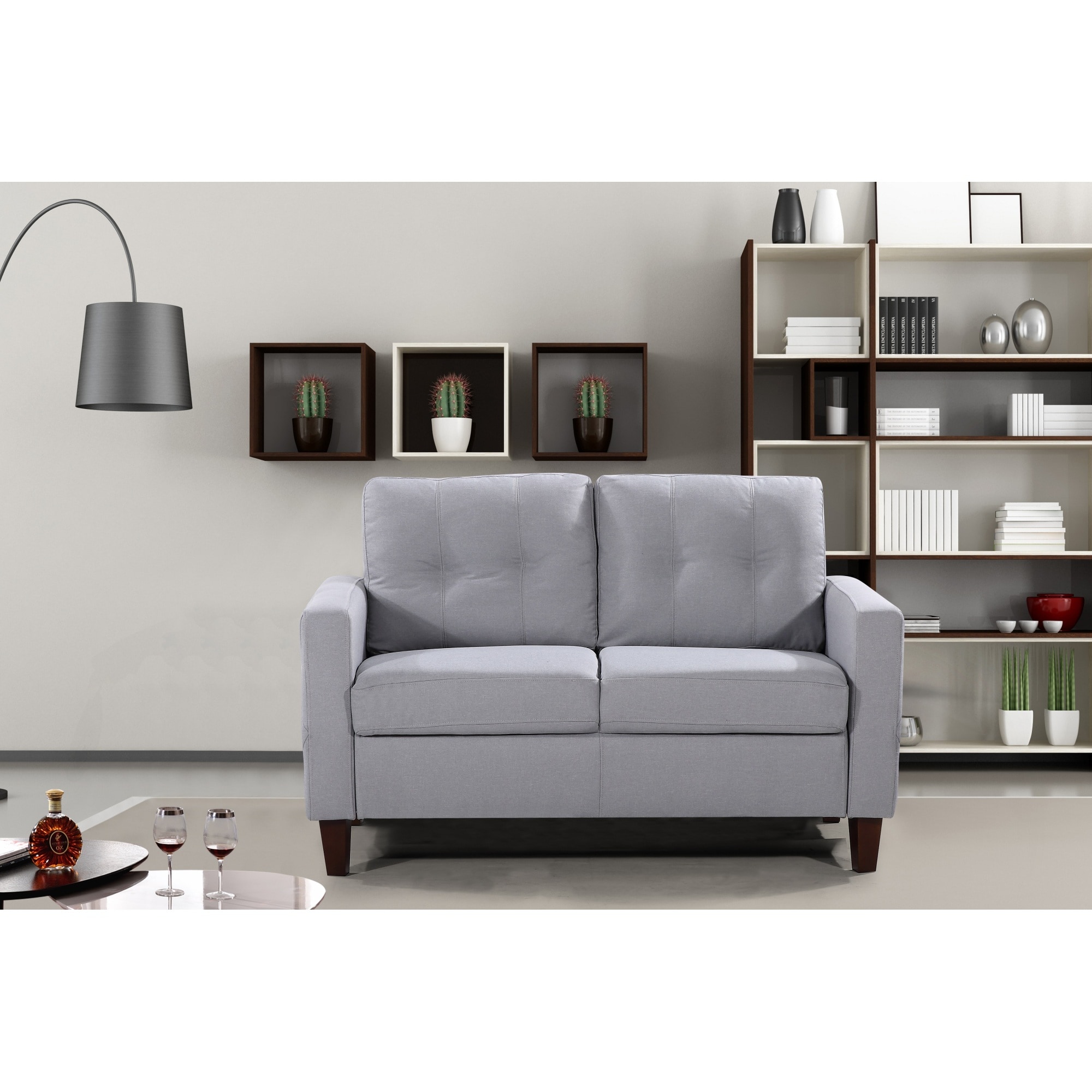 Roomfitters  Transitional Button Tufted 2 Seater Loveseat Upholstered Square Arm Sofa Couch with Piped Trim Light Gray