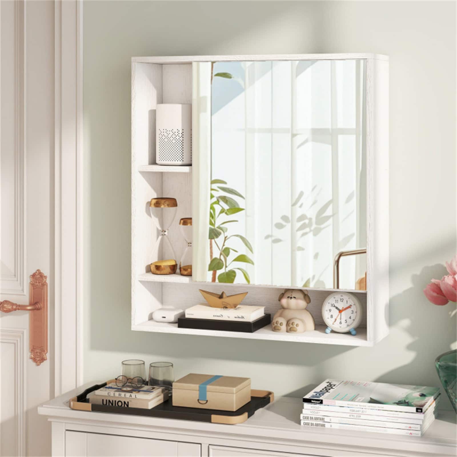 GlasFlength  24 Inch 2 in 1 Wall Mounted Bathroom Mirrors Cabinet with Open Shelves and Cubbies Mirrored Medicine Cabinet Organizer for Bathroom Powder Room White