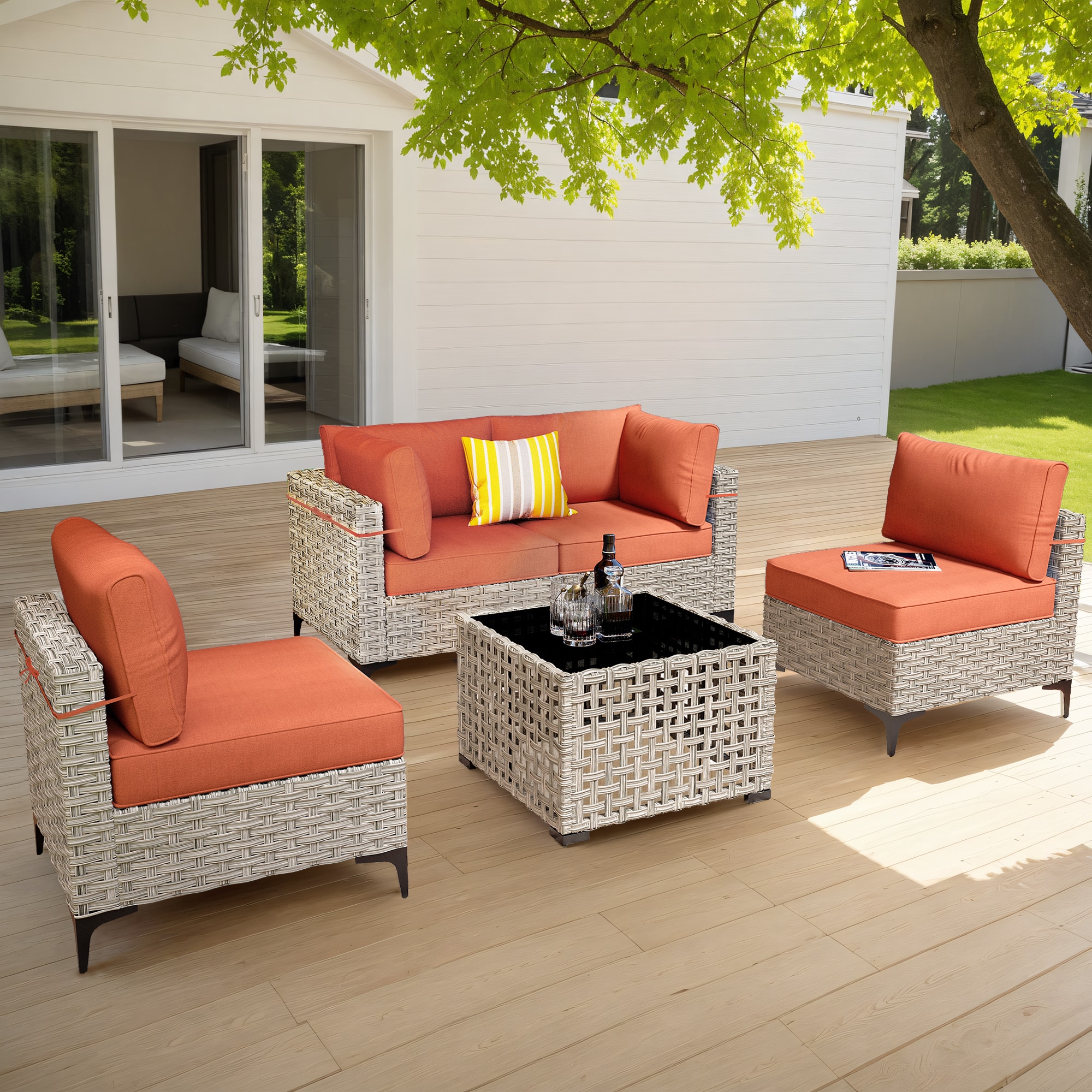 Pouuin SKT8C05 5 -Piece Wicker Patio Conversation Set with Red Cushions