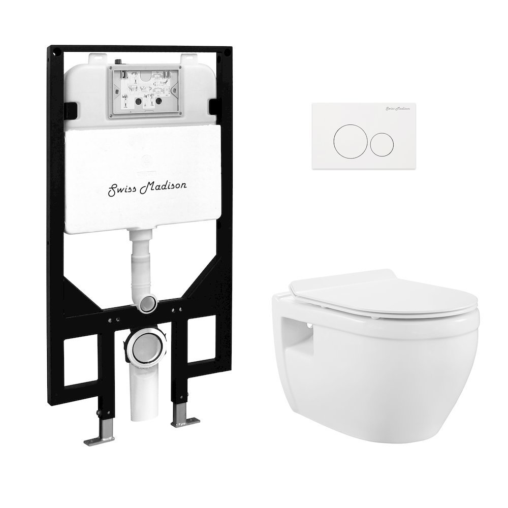 Swiss Madison - Wall-Hung Toilet Bundle 0.8/1.6 GPF Dual Flush Glossy White White Flush Plate