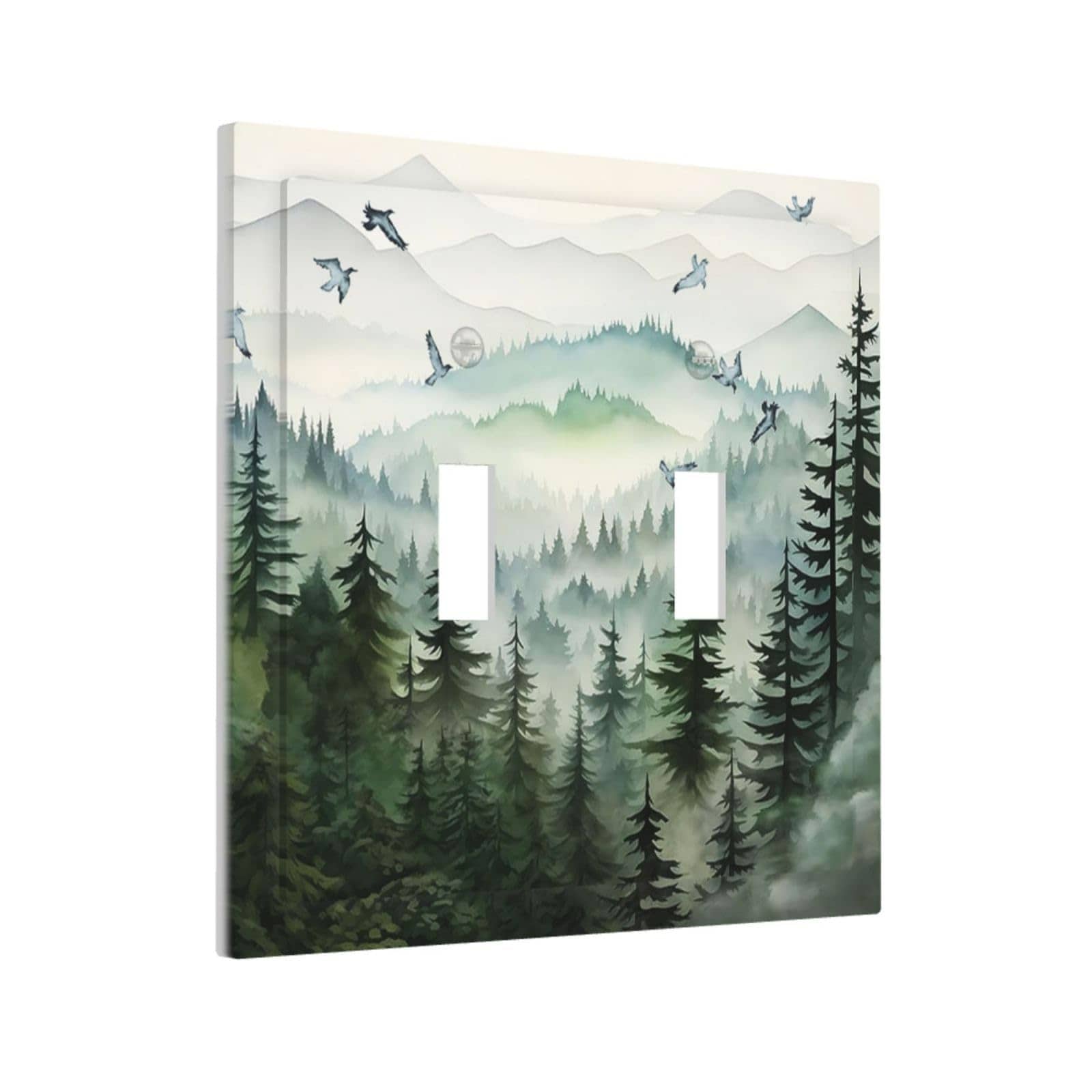Misopily Watercolor Foggy Green Forest Double Toggle Switch Cover 2 Gang Decorative Plastic Wall Plate with Screws for Bedroom Kitchen Bathroom #LMS0528M041