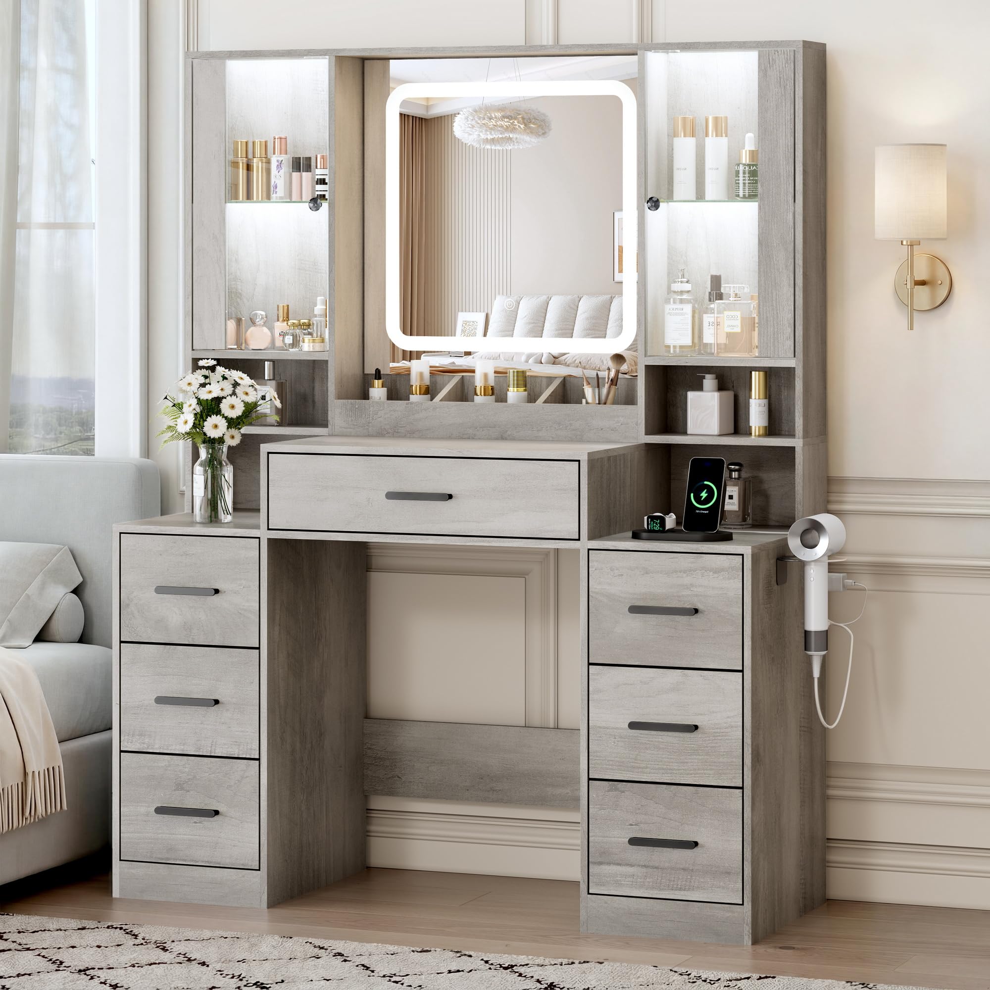 PUPWE Grey Wood Vanity Desk With LED Mirror Lights 7 Drawers RGB Glass ...