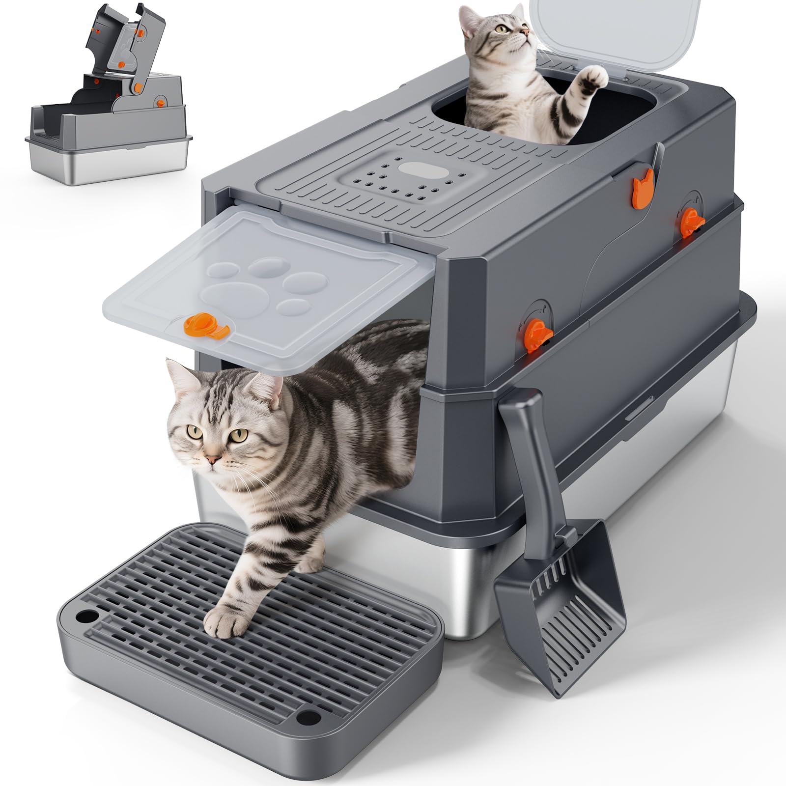 Anqtovp  stainless steel cat litter box 23 x 15 x 15 inch flip top dual entry leak proof enclosed extra large for big cats 1 Piece