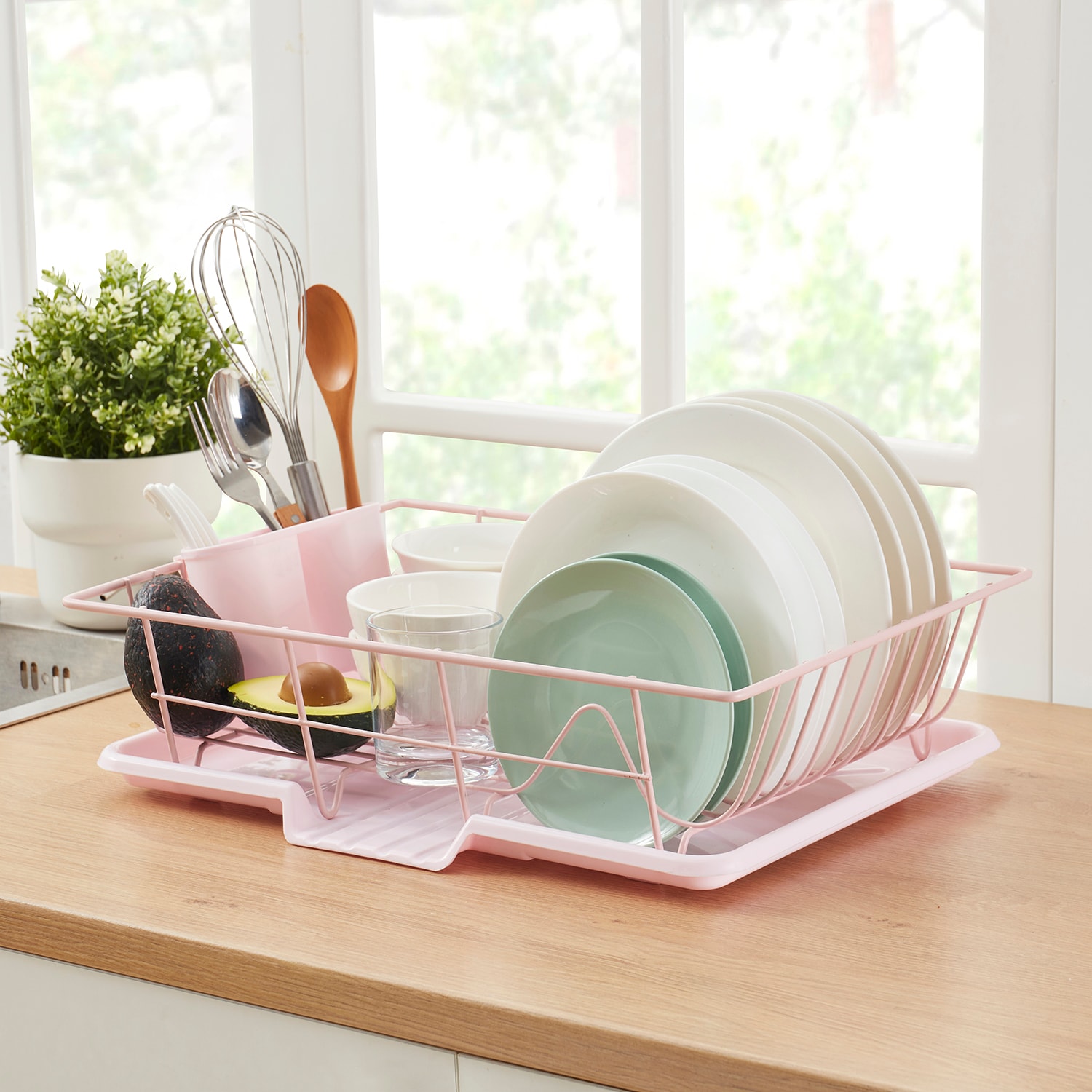 Sweet Home Collection LOW-3PC-DD-PPK Steel 3 Pc Large Countertop Dish Drainer with Drain Board and Utensil Holder