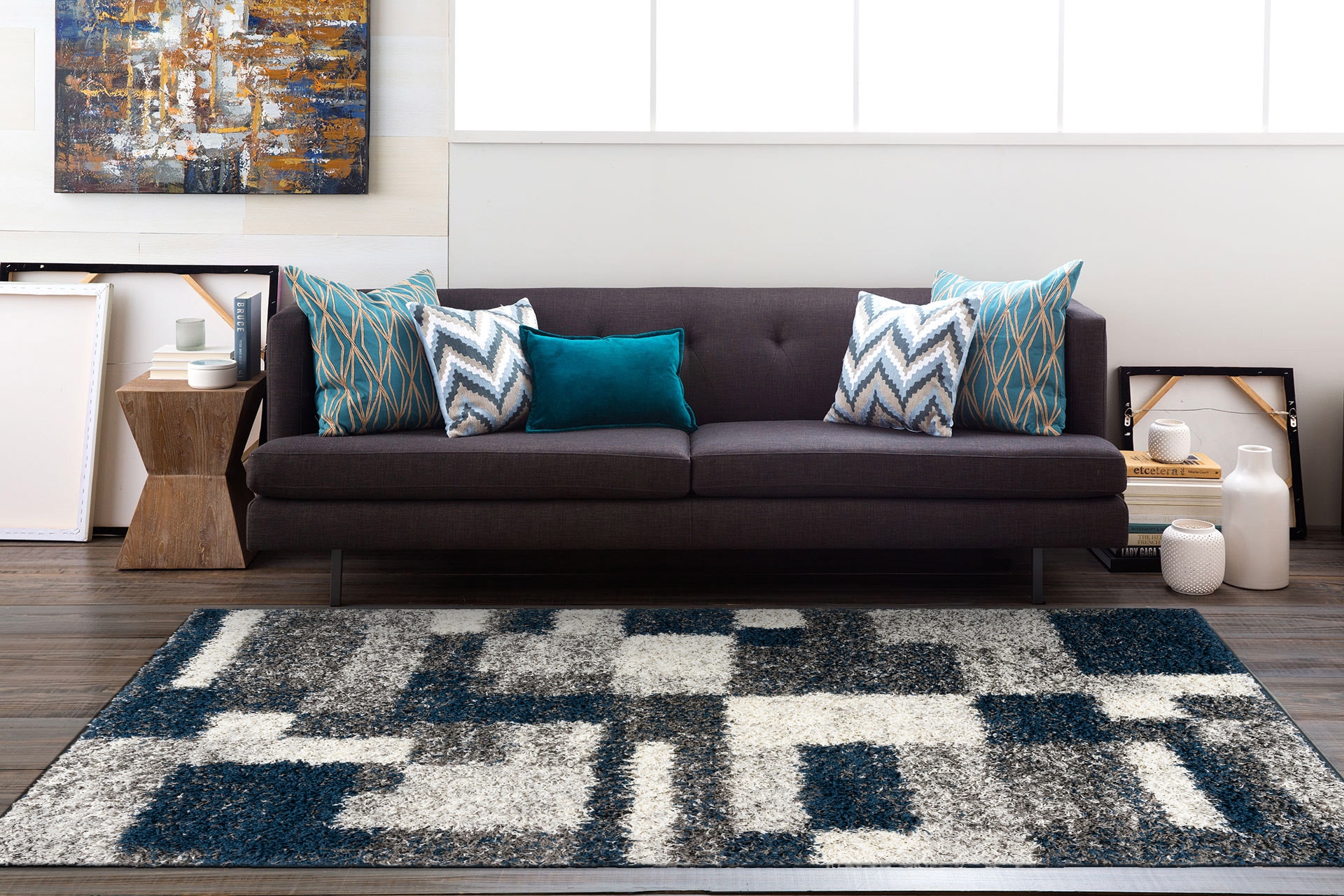 Navy and Gray Rectangular Synthetic Shag Area Rug 7'10" x 10'