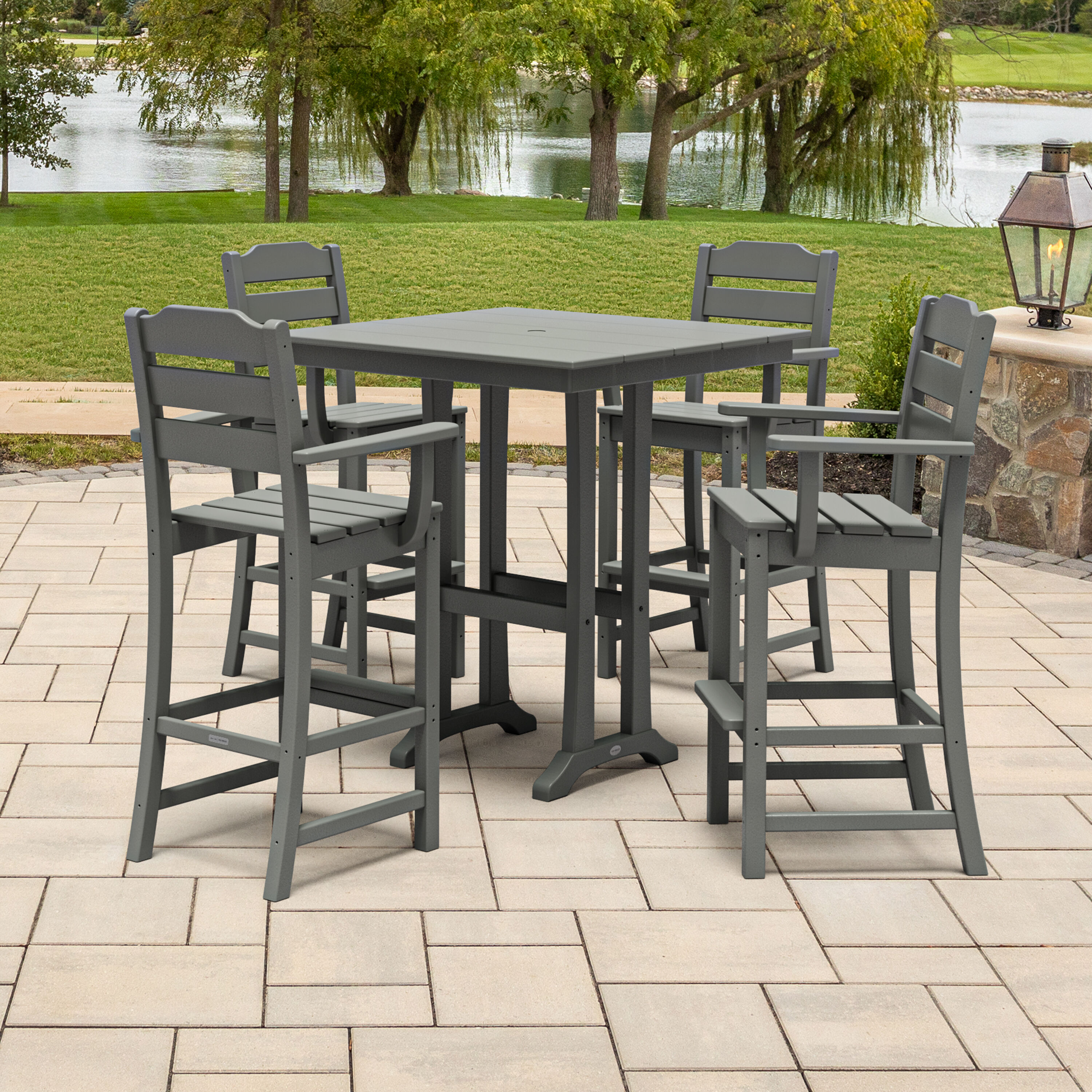 POLYWOOD PWS2539-1-GY Oakport 5 -Piece Slate Grey Bar Height Patio Dining Set Plastic Square Table with 4 Stationary Chairs