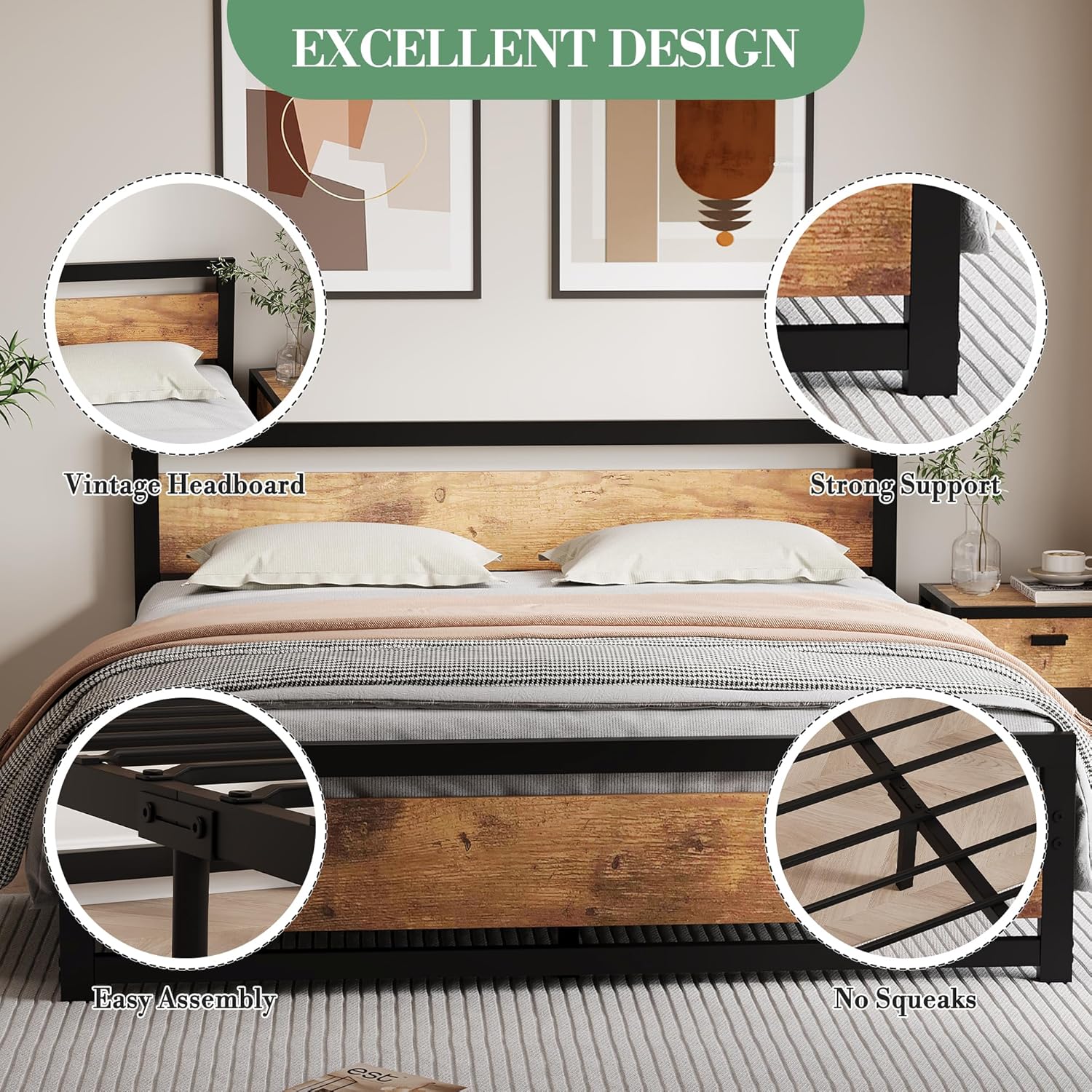 Garvee King Size Retro Brown Industrial Metal Platform Bed Frame With ...