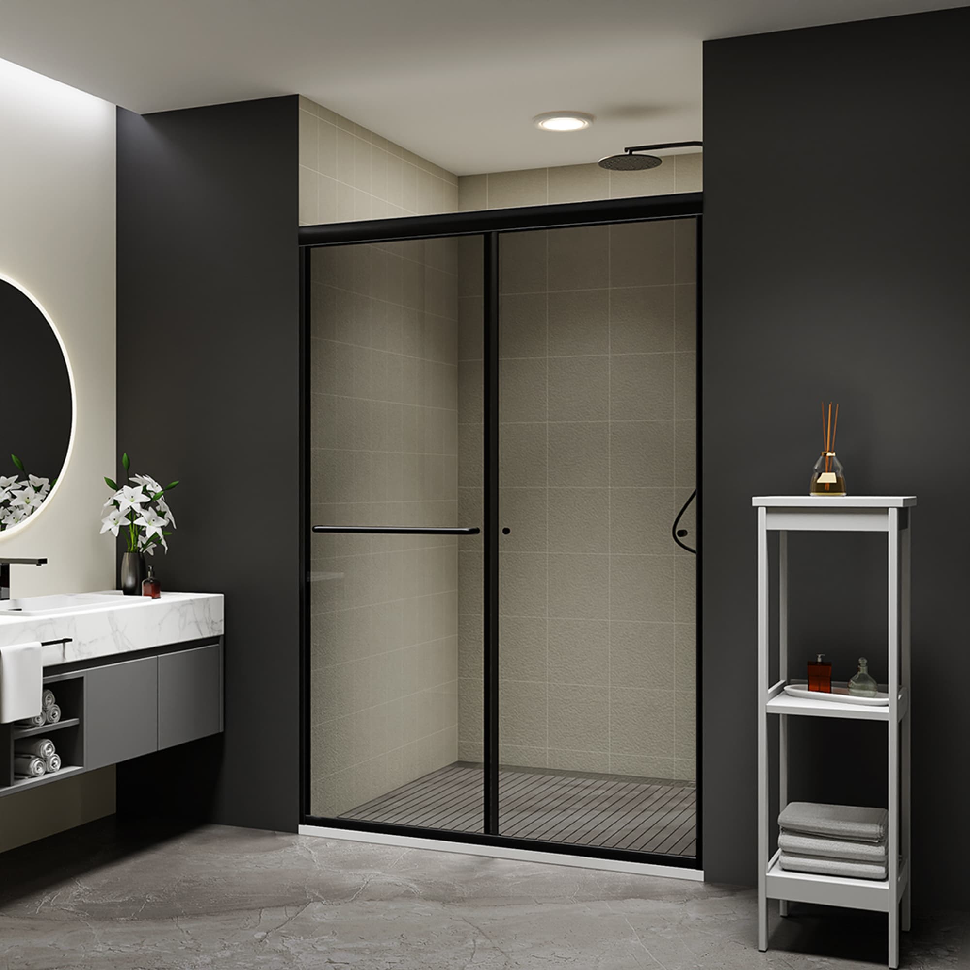 ES-DIY Matte Black 44-in to 48-in W x 70-in H Framed Smoked Glass Sliding Alcove Shower Door