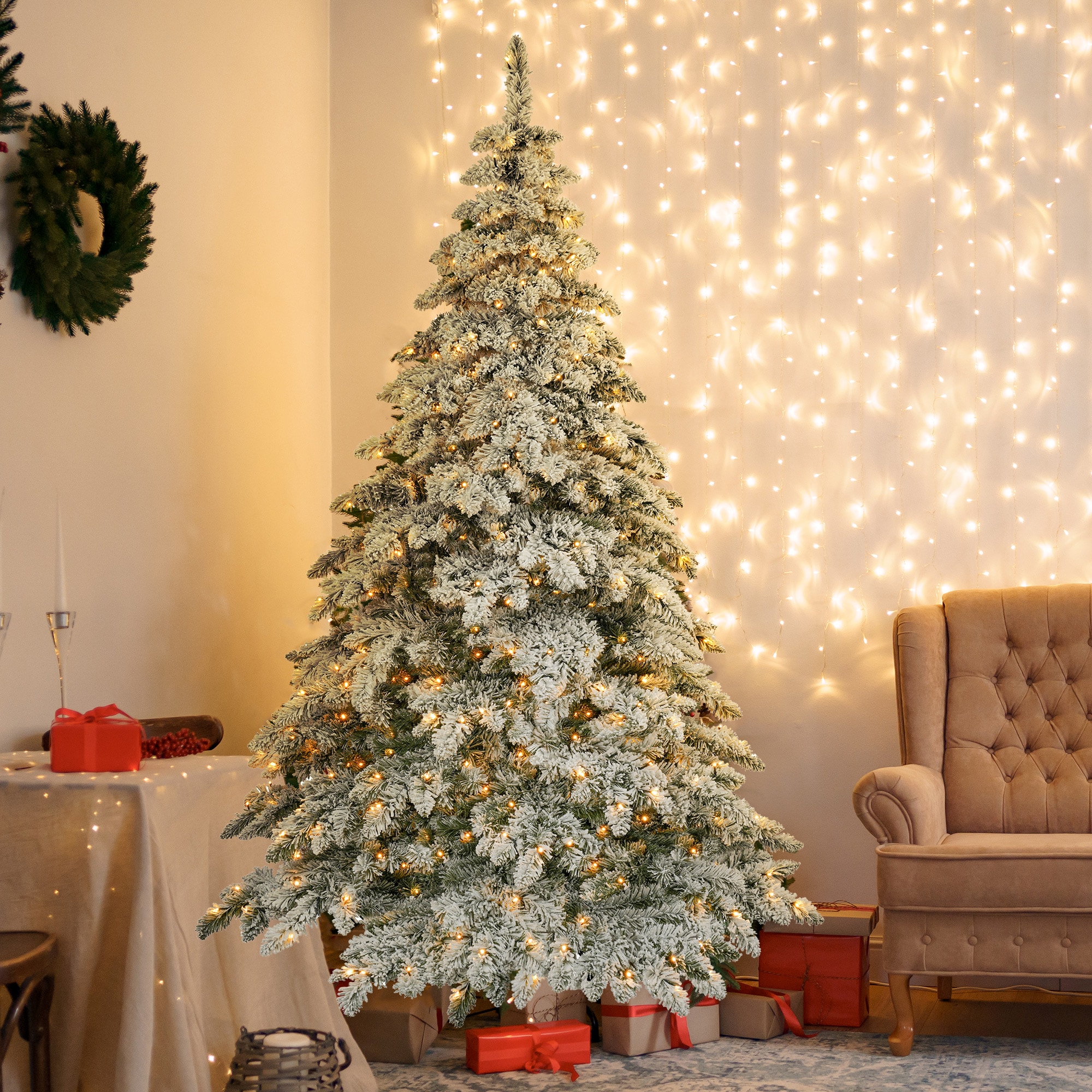 AAZJ NBC-CM74356 7.5-ft Spruce Pre-lit Flocked Artificial Christmas Tree with White LED Lights