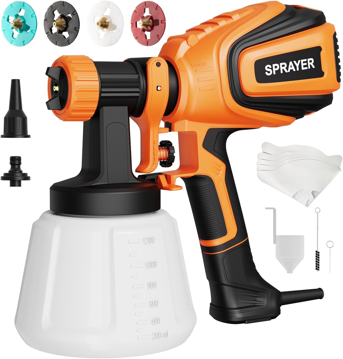 VONFORN Paint Sprayer 700W HVLP Spray Gun with Cleaning and Blowing Joints 4 Nozzles and 3 Patterns Easy to Clean for Furniture Cabinets Fence Walls Door Garden Chairs etc VF803 Orange