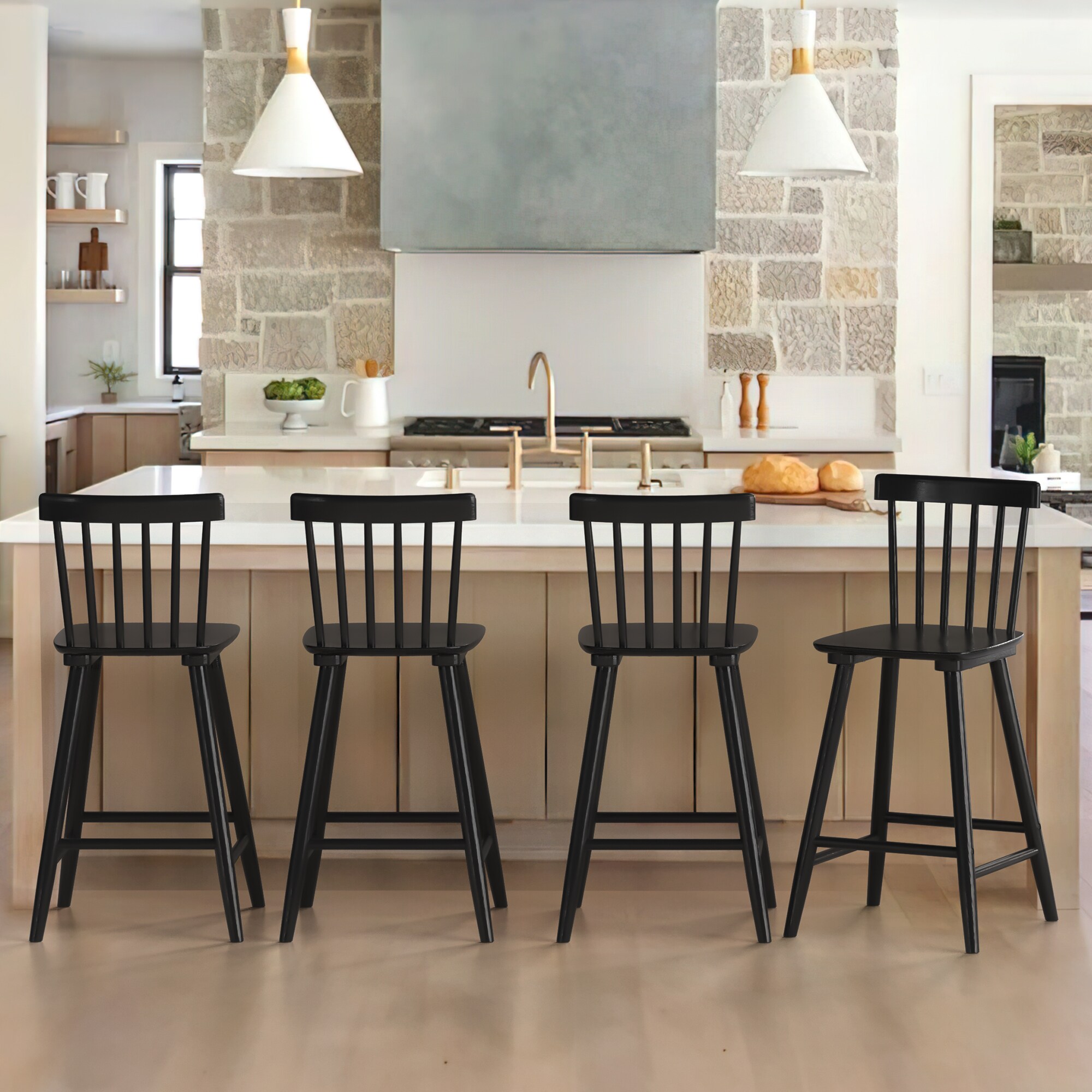 LUE BONA Set of 4 Black 24 in H Counter height Wood Bar Stool in