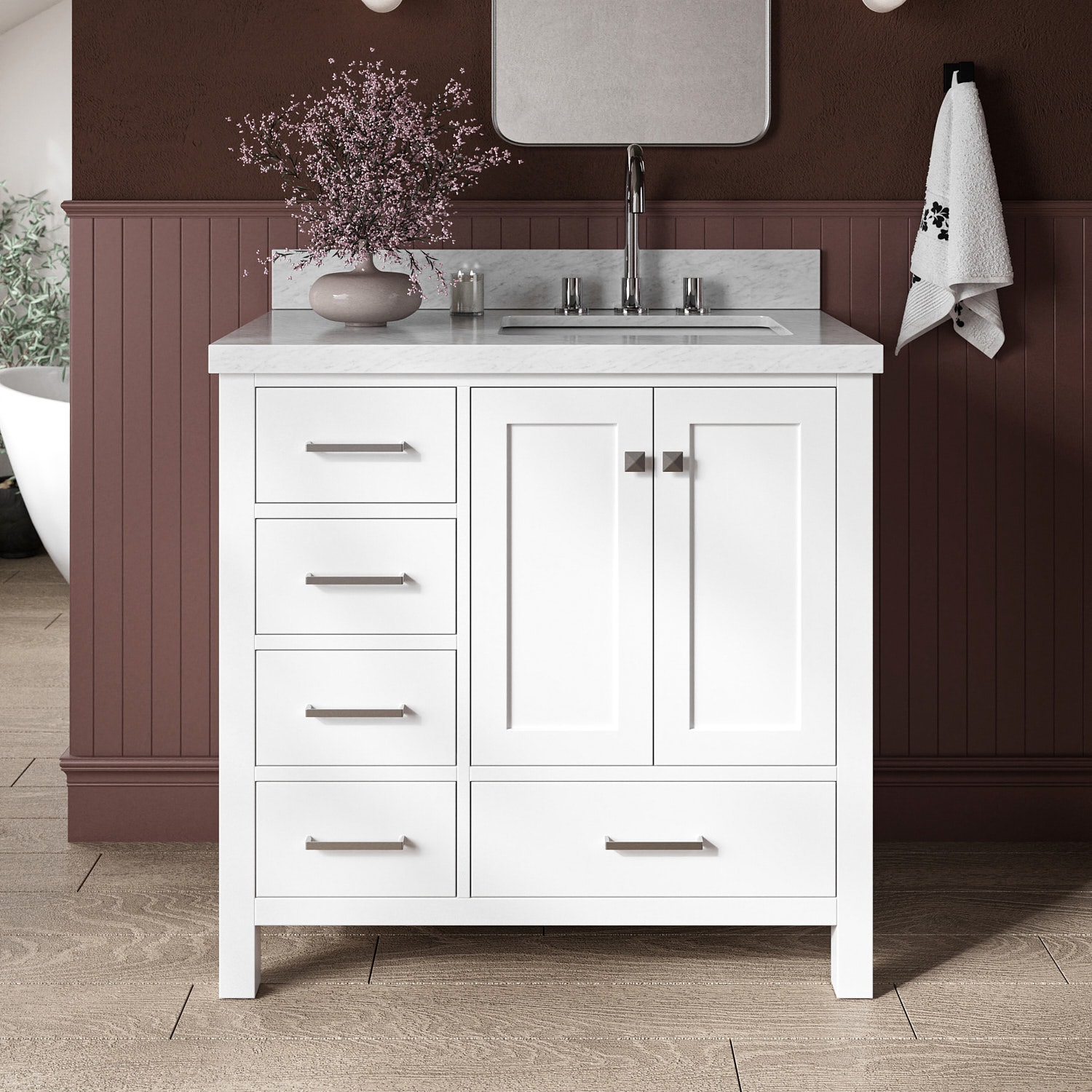 ARIEL A037SRCWRVOWHT Cambridge 37-in White Undermount Single sink Bathroom Vanity with Carrara White Marble Natural marble Top