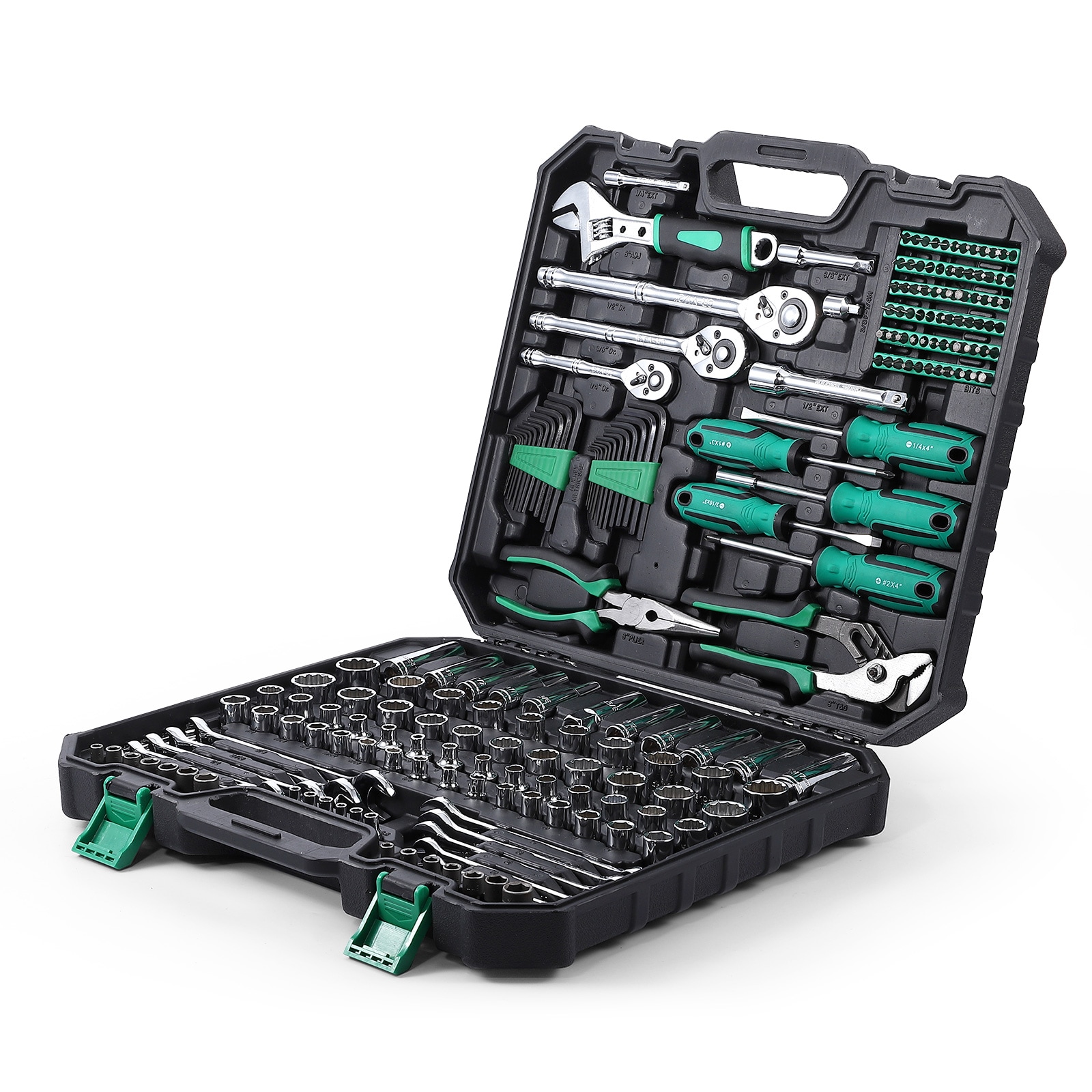 PioneerWorks 213-Piece Mechanics Tool Set and Socket Wrench Set SAE and Metric Cr-V Alloy Hand Tool Kit for Home and Auto Repair/Includes Mixed Sockets/Wrenches/Bits/Storage Case #BMRE3FJAZ120VT0