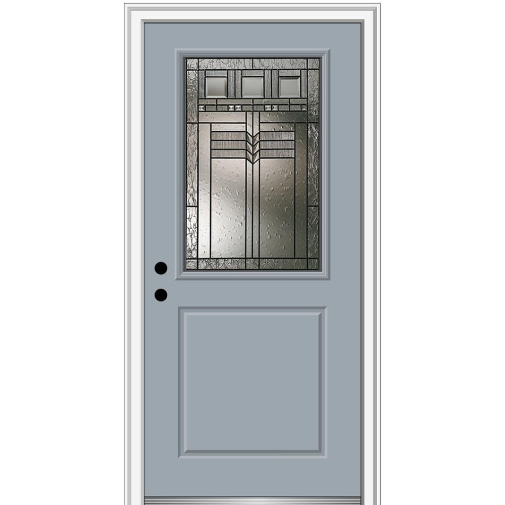 MMI DOOR ZZ3664388R 36-in x 80-in x 6-9/16-in Fiberglass Half lite Right-hand inswing Storm Cloud Painted Prehung Front Door with Brickmould Insulating core
