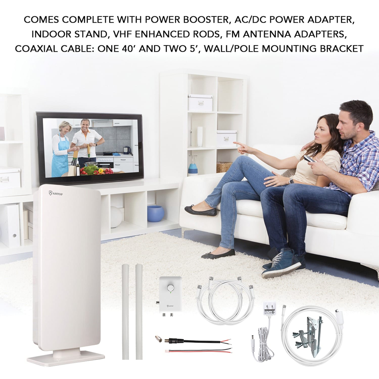 Antop at-800SBS HDTV/ Fm Amplified Antenna with Noise-Free 4G LTE Filter & Smart Boost System for Dual Connectivity Renewed Support TV and A Second Device 