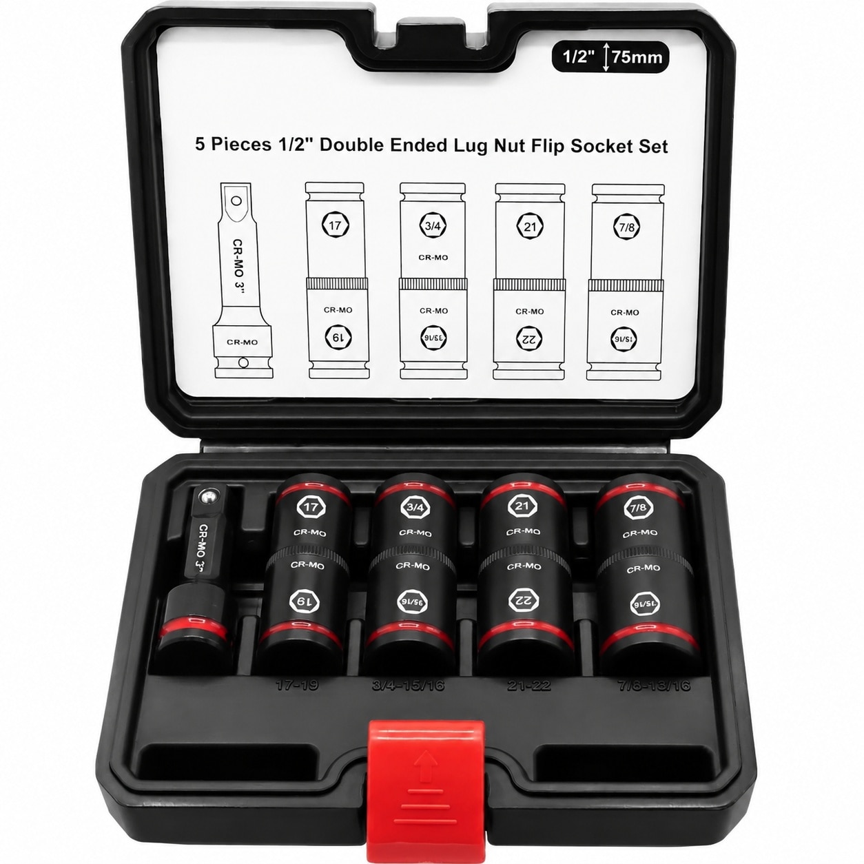 Vrbgify  Lug Nut Impact Socket Set Double Ended Thin Wall Wheel Socket Set with Three Inch Extension Bar Metric and SAE Sizes Cr Mo Steel