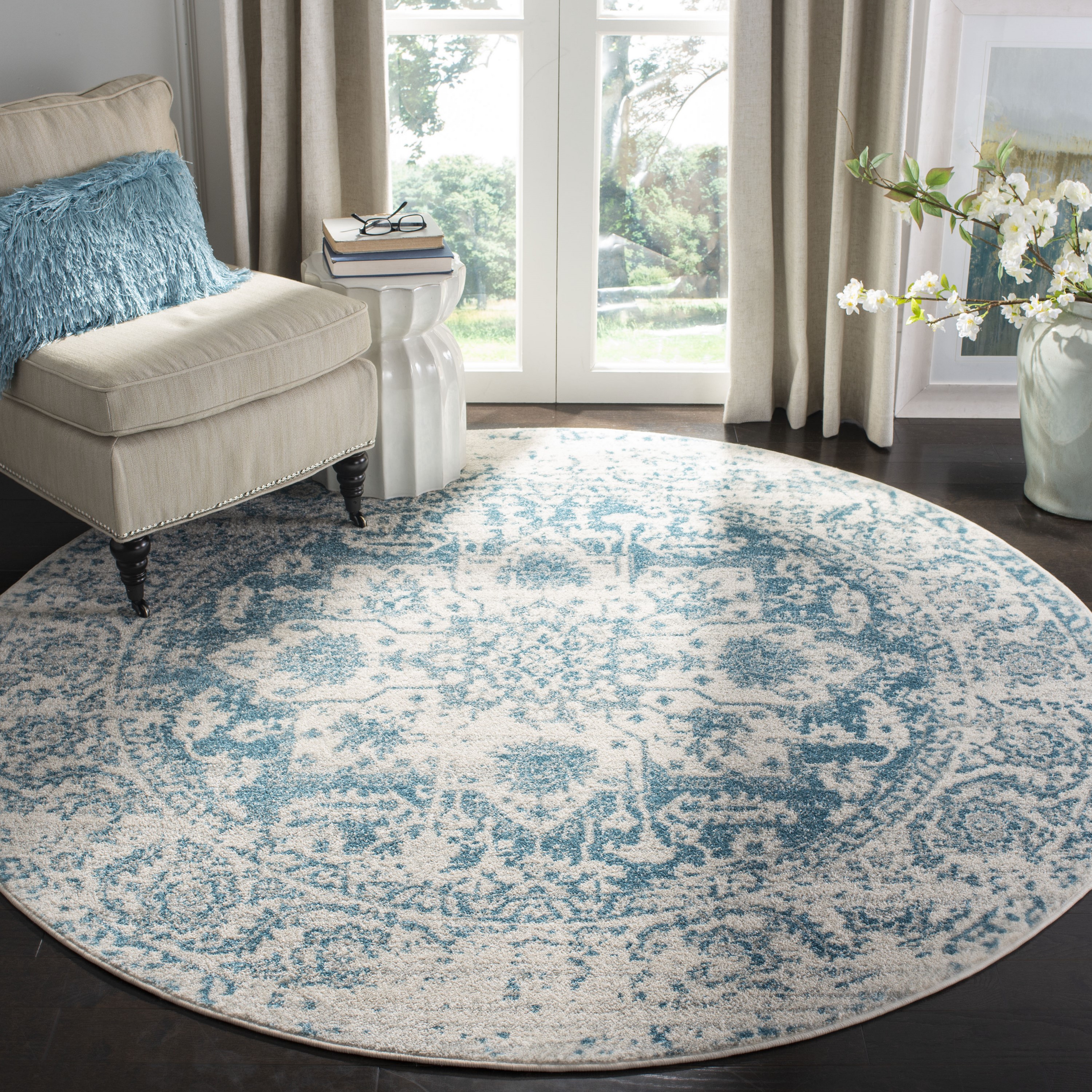 Safavieh MAD603J-7R Madison Nord 7 x 7 (ft) Loomed Synthetic Teal/Ivory Round Indoor Floral/Botanical Bohemian/Eclectic Area rug