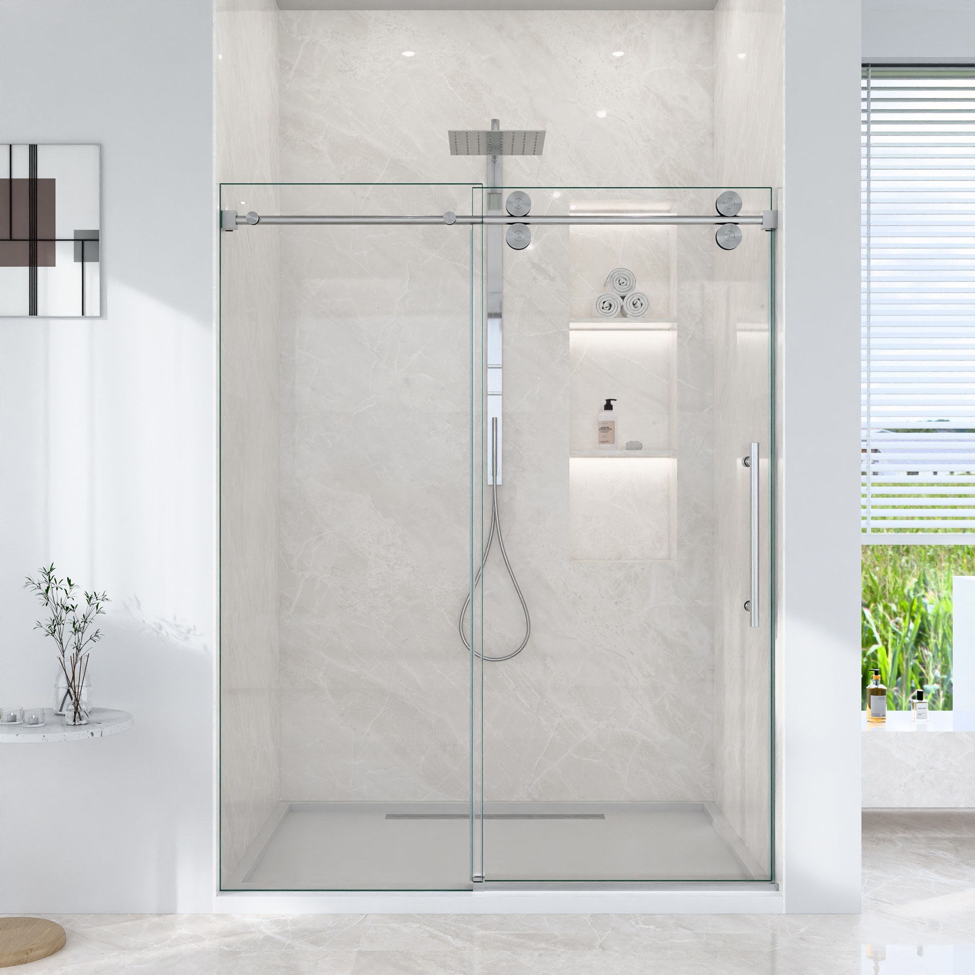 Dacicica 56-60 in W x 72 in H Frameless Single Sliding Shower Door - 5/16 in (8mm) Clear Tempered Glass Bypass Brushed Nickel #W2813P389052-WR-8.31