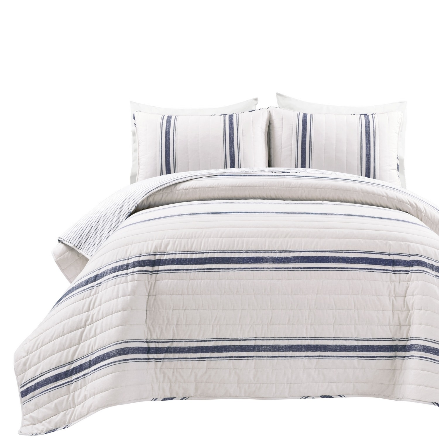 Navy and White Cotton King Reversible Quilt Set