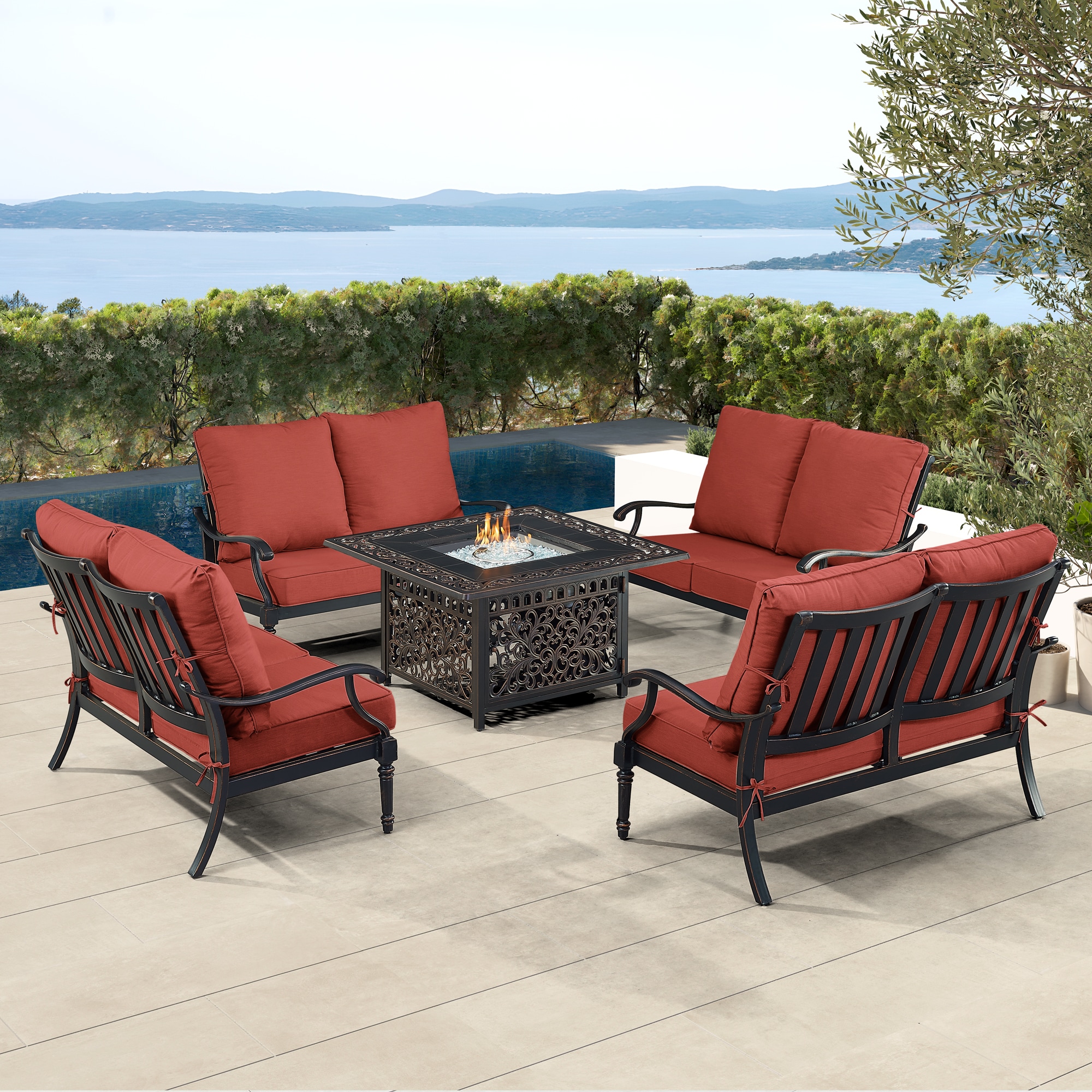 Oakland Living SHAO4LSMAYANRDCUA Fire Pit Table Set, Four Loveseats and Wind Guard 22 -Piece Patio Conversation Set with Red Cushions