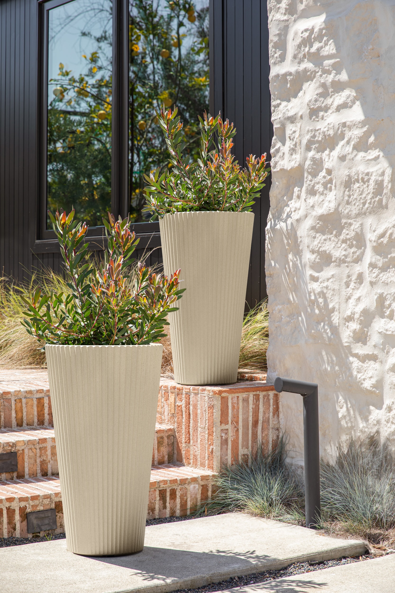 26" Sand Plastic-Stone Tall Planter Set of 2