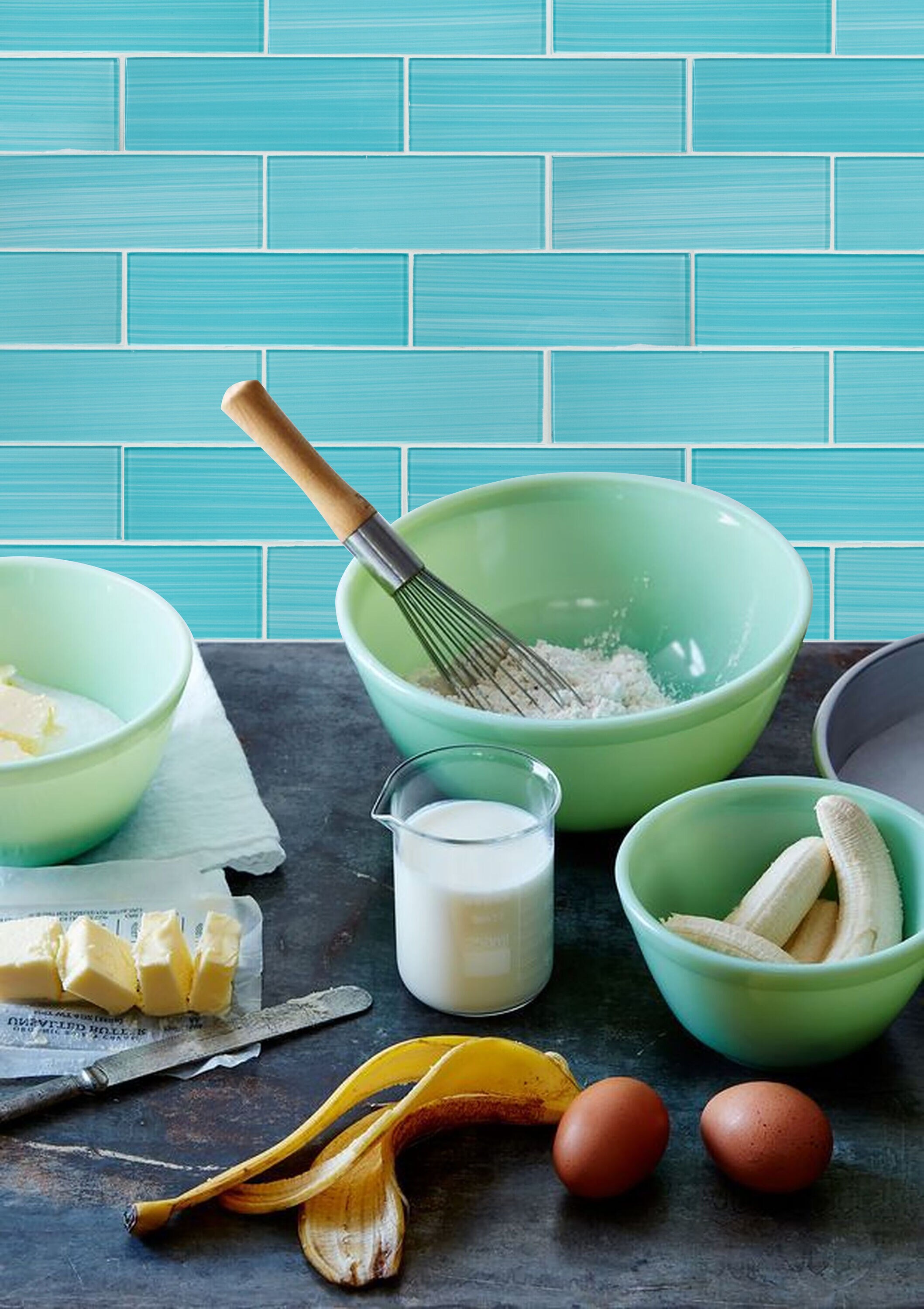 Aqua Blue Hand Painted Polished Glass Subway Wall Tile