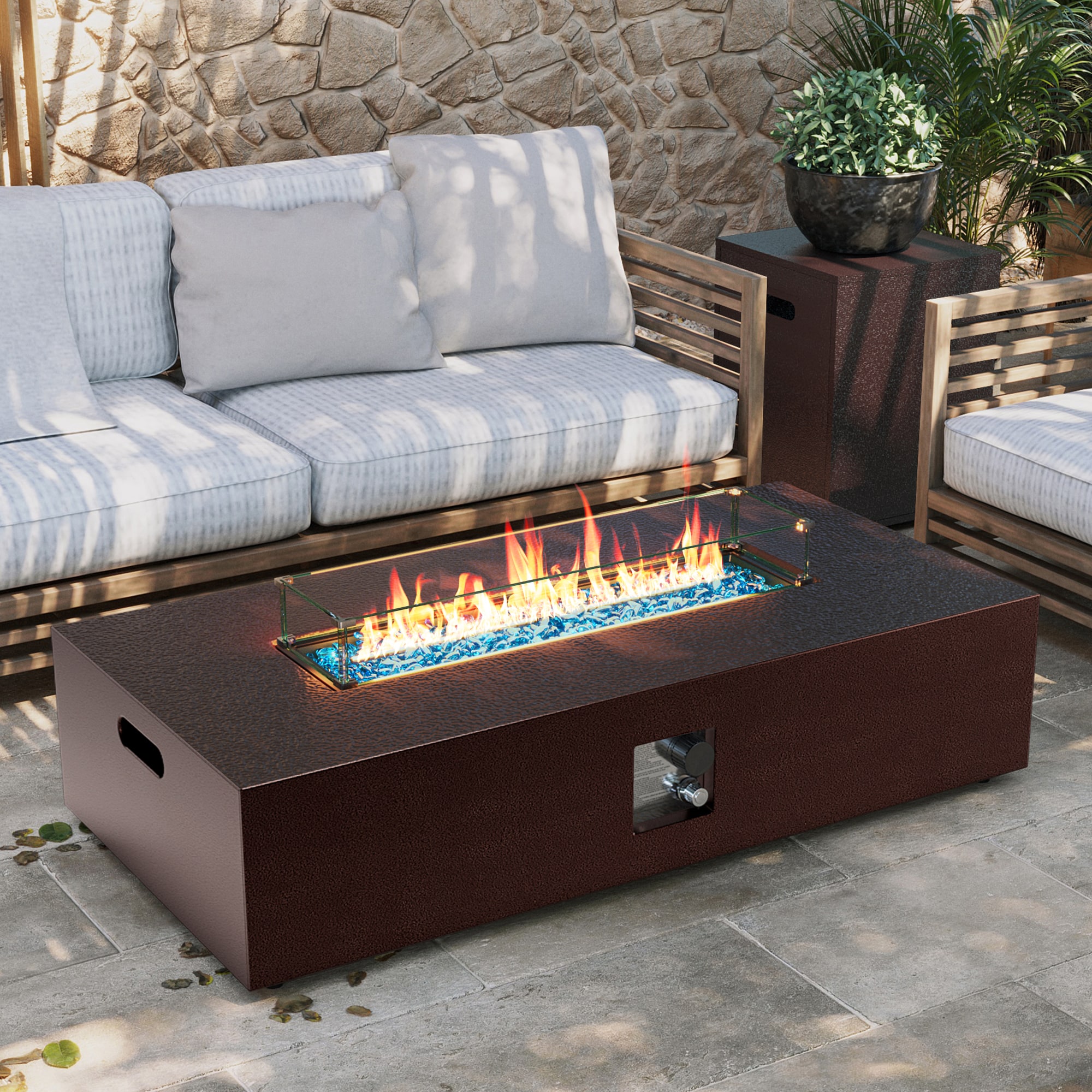 UPHA Fire Pit with Tank Cover and Wind Guard 56-in W 50000 Maximum BTUs Iron Rectangle Liquid propane Fire pit