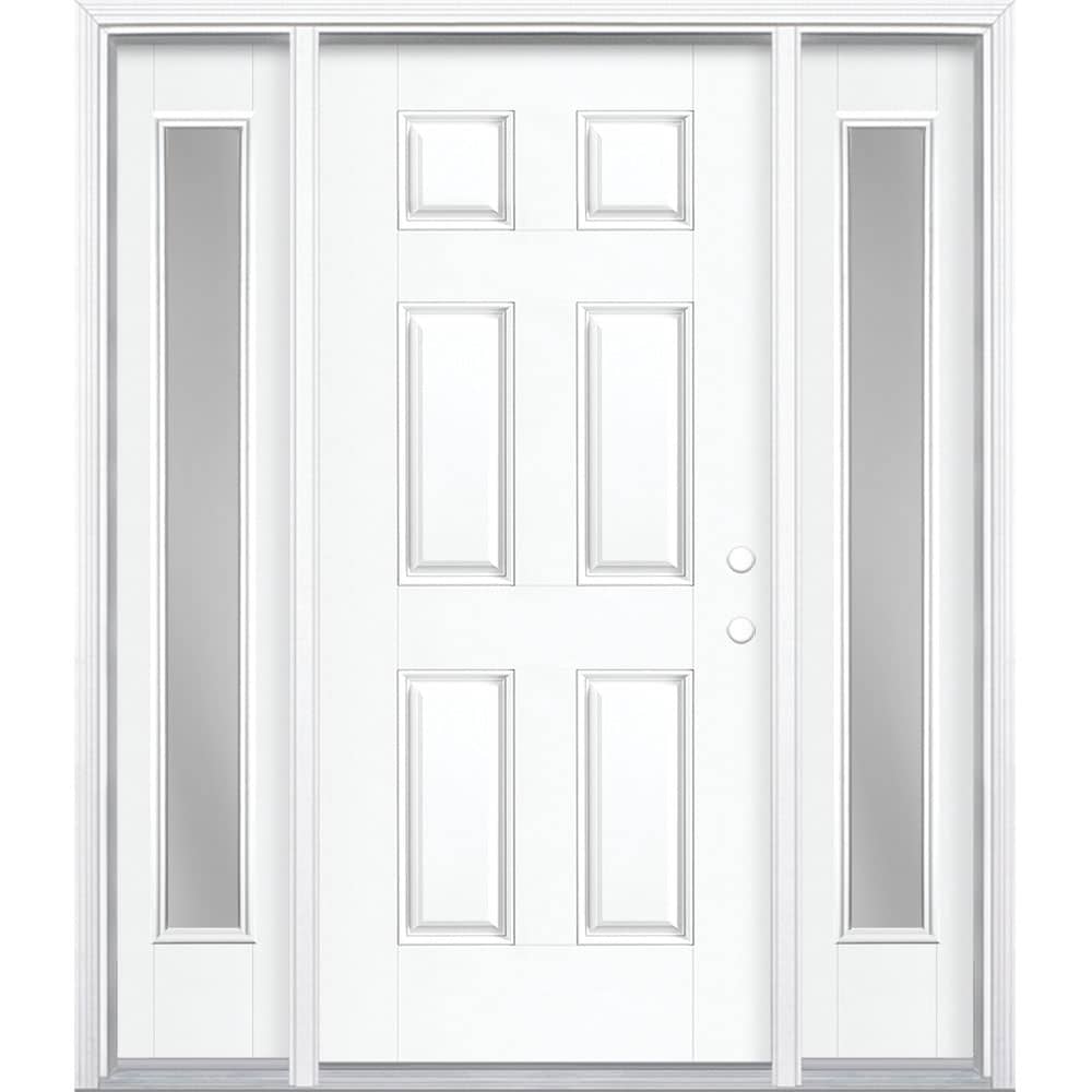 Masonite 1218365 60-in x 80-in x 4-9/16-in Fiberglass No glass Left-hand inswing Modern white Painted Prehung Front Door with Sidelights with Brickmould Insulating core